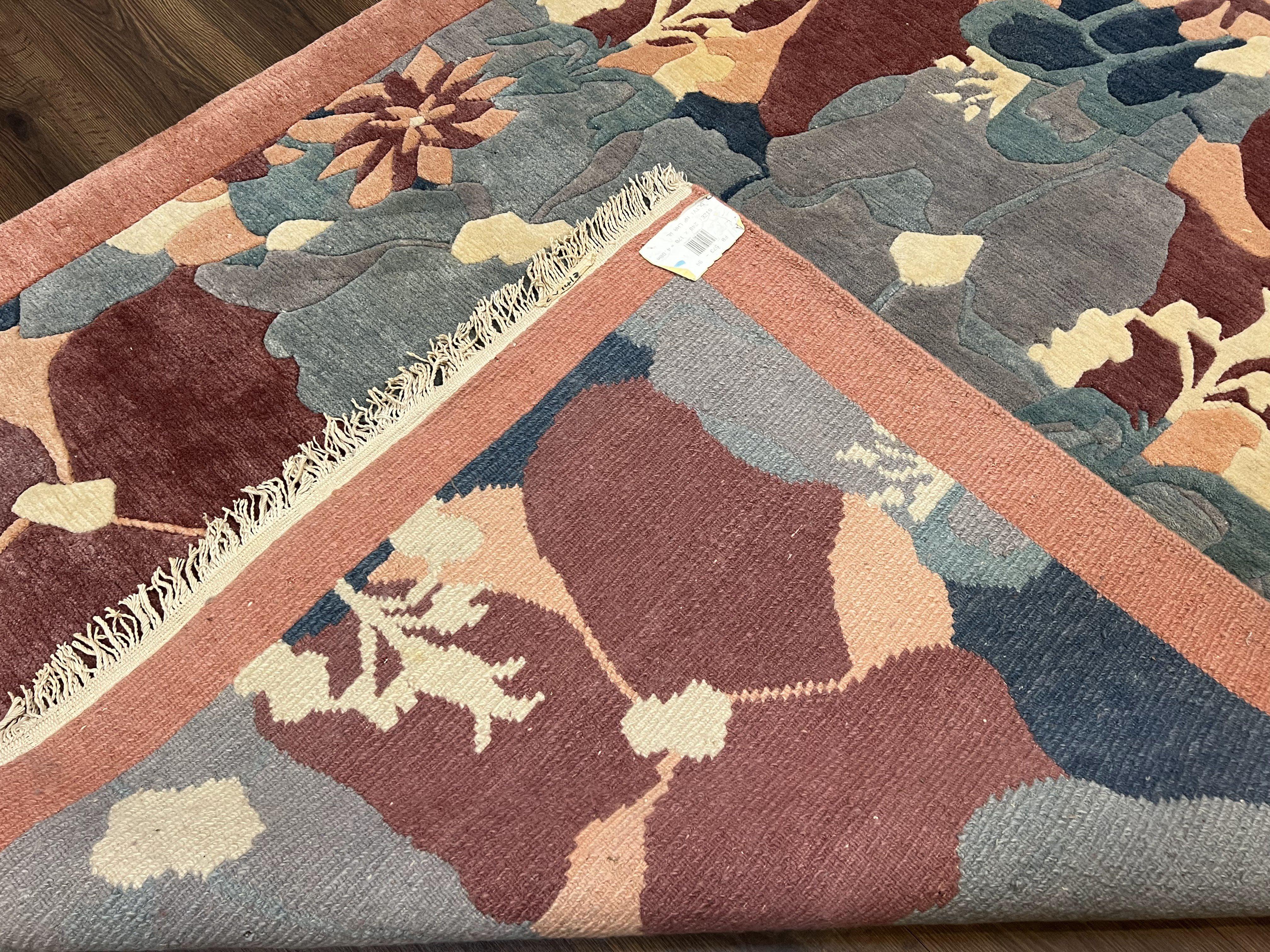 Modern Tibetan Rug 5.7 x 7.9, Abstract Multicolor Flower Pattern, Navy Blue Maroon Salmon, Soft Wool, Hand Knotted Contemporary Carpet 6x8 - Image 11