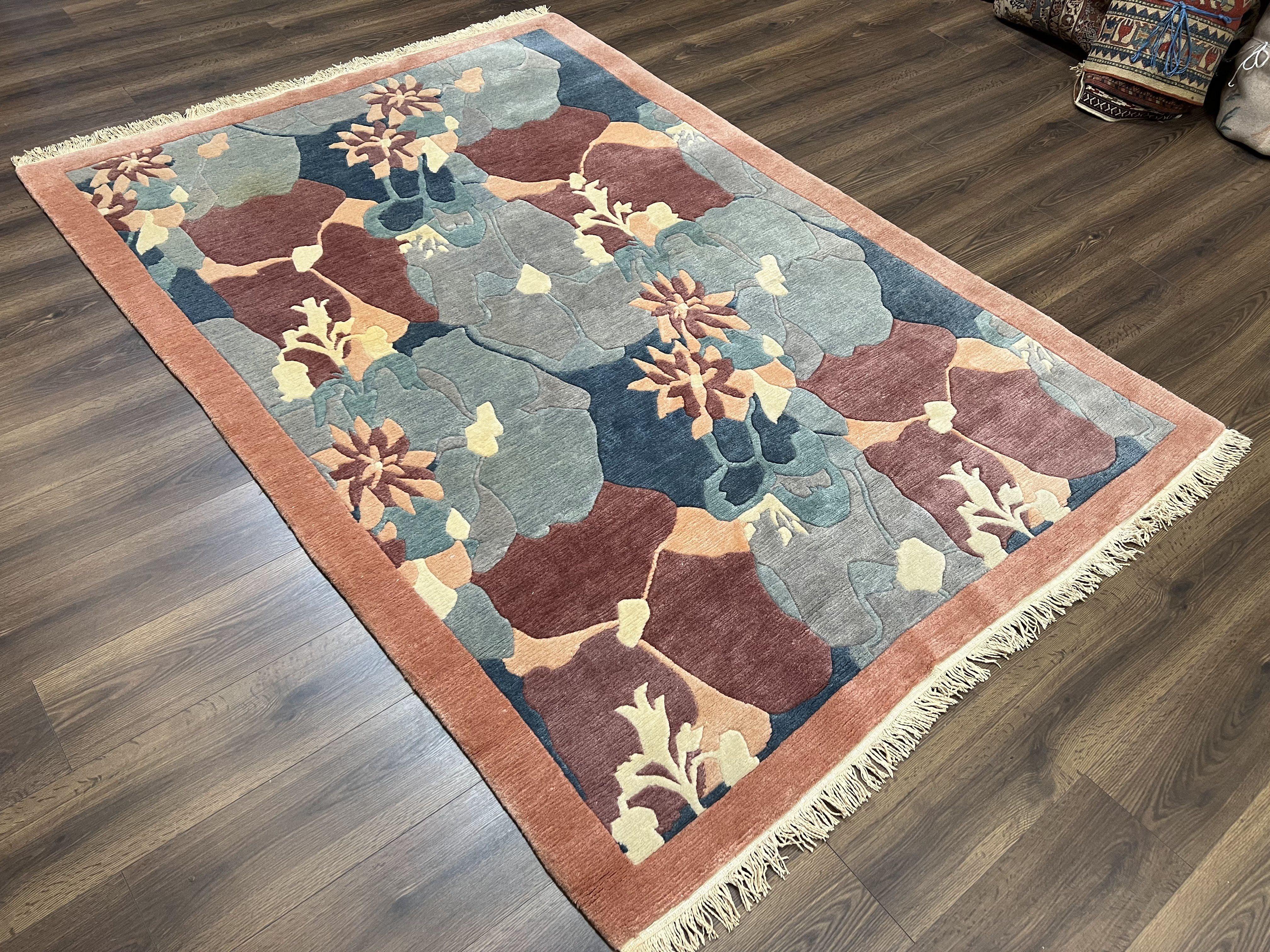Modern Tibetan Rug 5.7 x 7.9, Abstract Multicolor Flower Pattern, Navy Blue Maroon Salmon, Soft Wool, Hand Knotted Contemporary Carpet 6x8 - Image 12