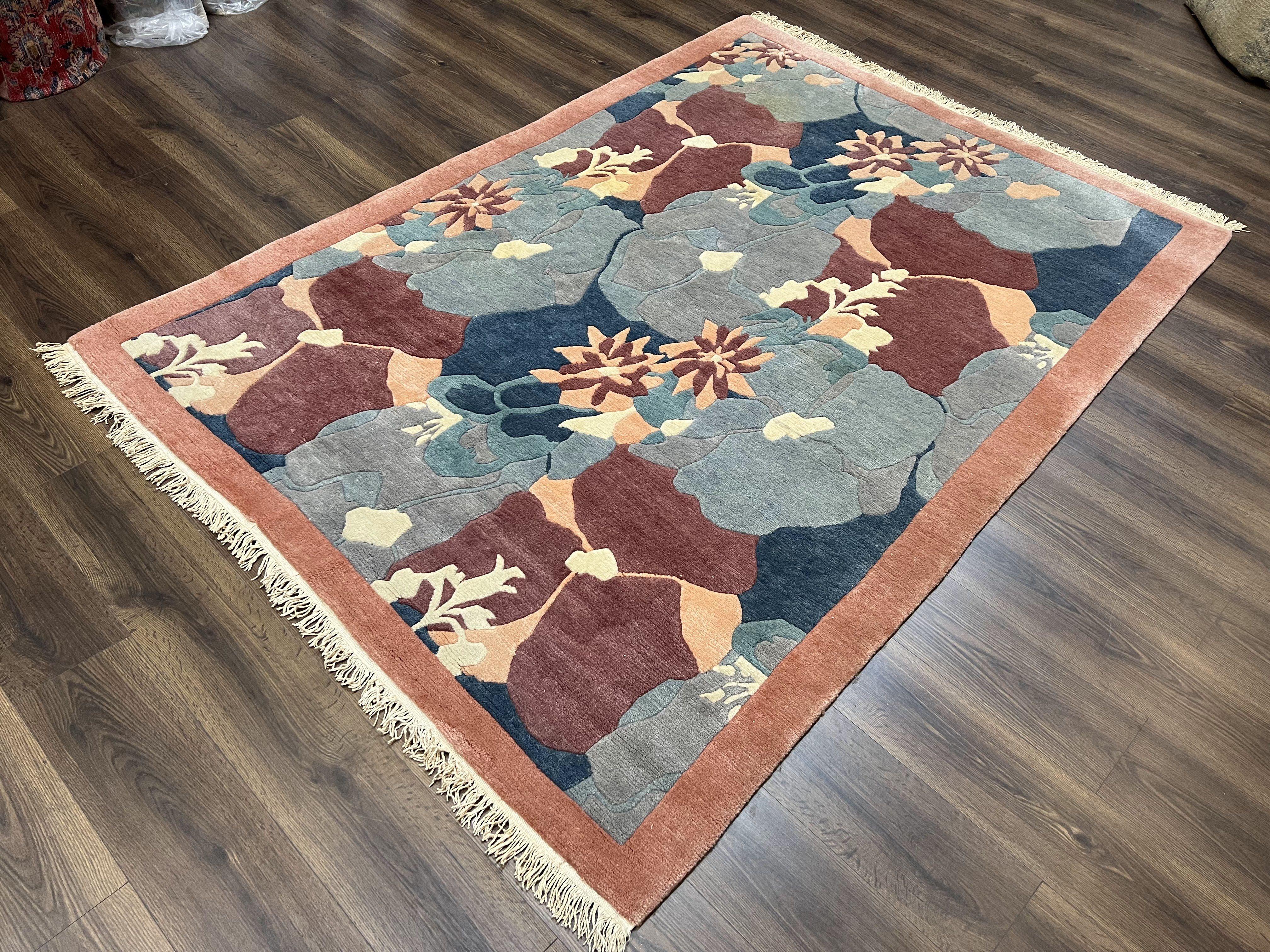 Modern Tibetan Rug 5.7 x 7.9, Abstract Multicolor Flower Pattern, Navy Blue Maroon Salmon, Soft Wool, Hand Knotted Contemporary Carpet 6x8 - Image 2
