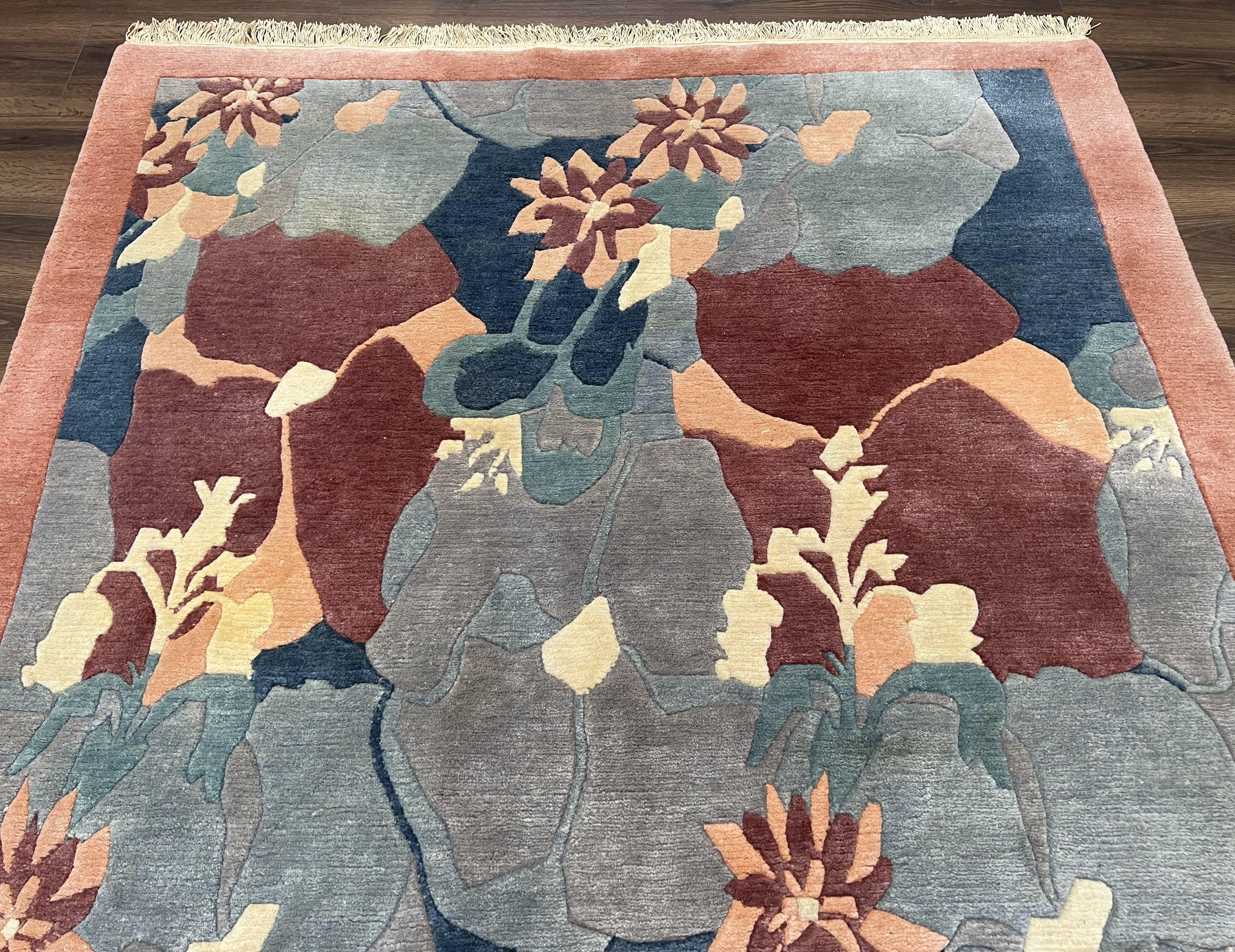 Modern Tibetan Rug 5.7 x 7.9, Abstract Multicolor Flower Pattern, Navy Blue Maroon Salmon, Soft Wool, Hand Knotted Contemporary Carpet 6x8 - Image 3