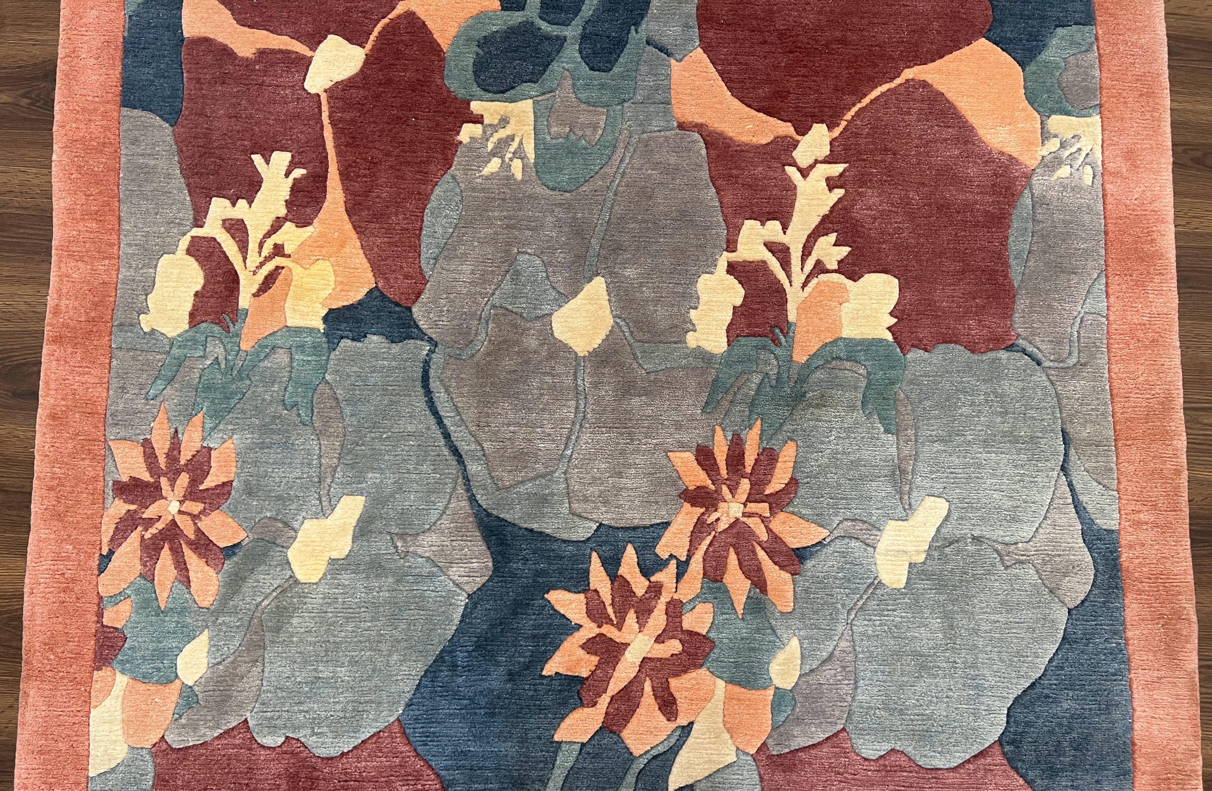 Modern Tibetan Rug 5.7 x 7.9, Abstract Multicolor Flower Pattern, Navy Blue Maroon Salmon, Soft Wool, Hand Knotted Contemporary Carpet 6x8 - Image 4