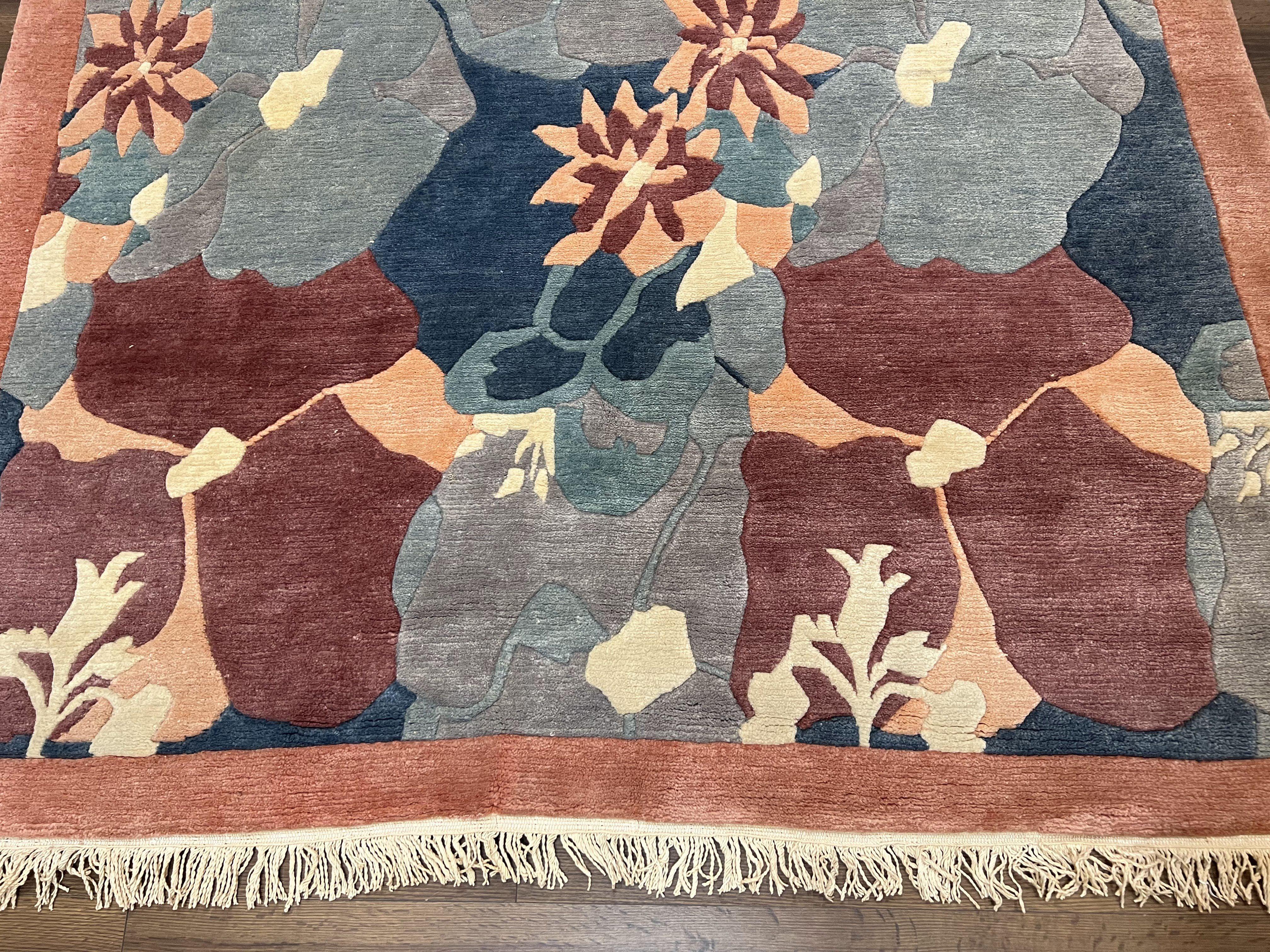 Modern Tibetan Rug 5.7 x 7.9, Abstract Multicolor Flower Pattern, Navy Blue Maroon Salmon, Soft Wool, Hand Knotted Contemporary Carpet 6x8 - Image 5