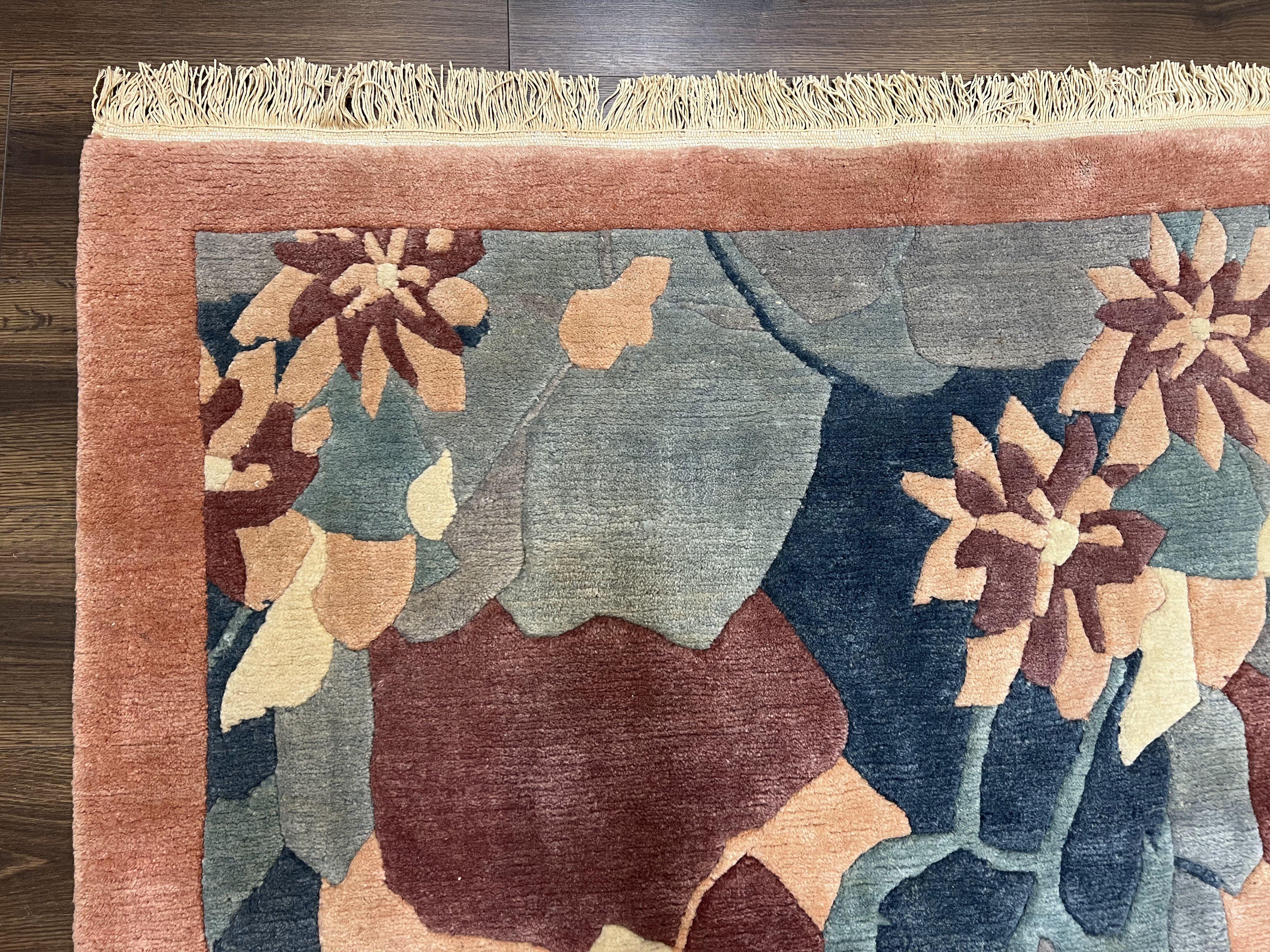 Modern Tibetan Rug 5.7 x 7.9, Abstract Multicolor Flower Pattern, Navy Blue Maroon Salmon, Soft Wool, Hand Knotted Contemporary Carpet 6x8 - Image 6