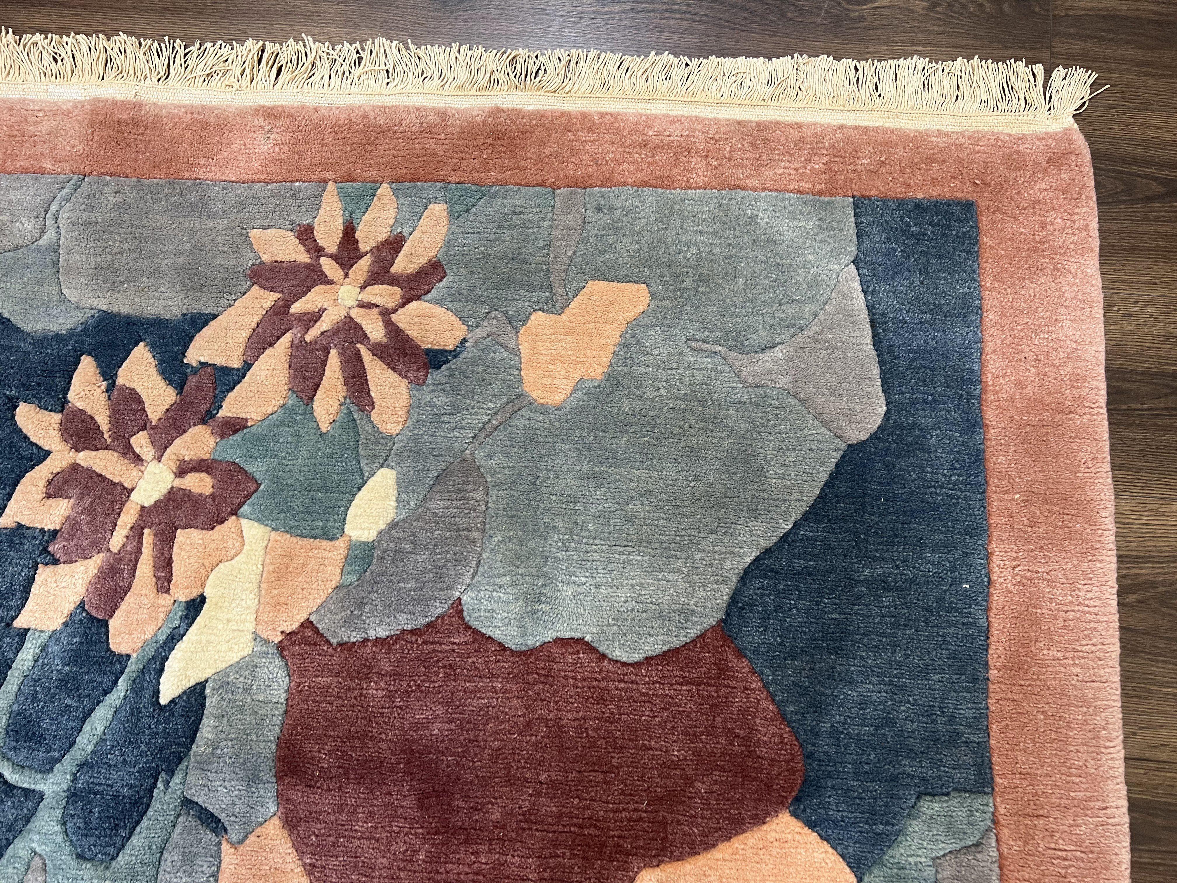 Modern Tibetan Rug 5.7 x 7.9, Abstract Multicolor Flower Pattern, Navy Blue Maroon Salmon, Soft Wool, Hand Knotted Contemporary Carpet 6x8 - Image 7