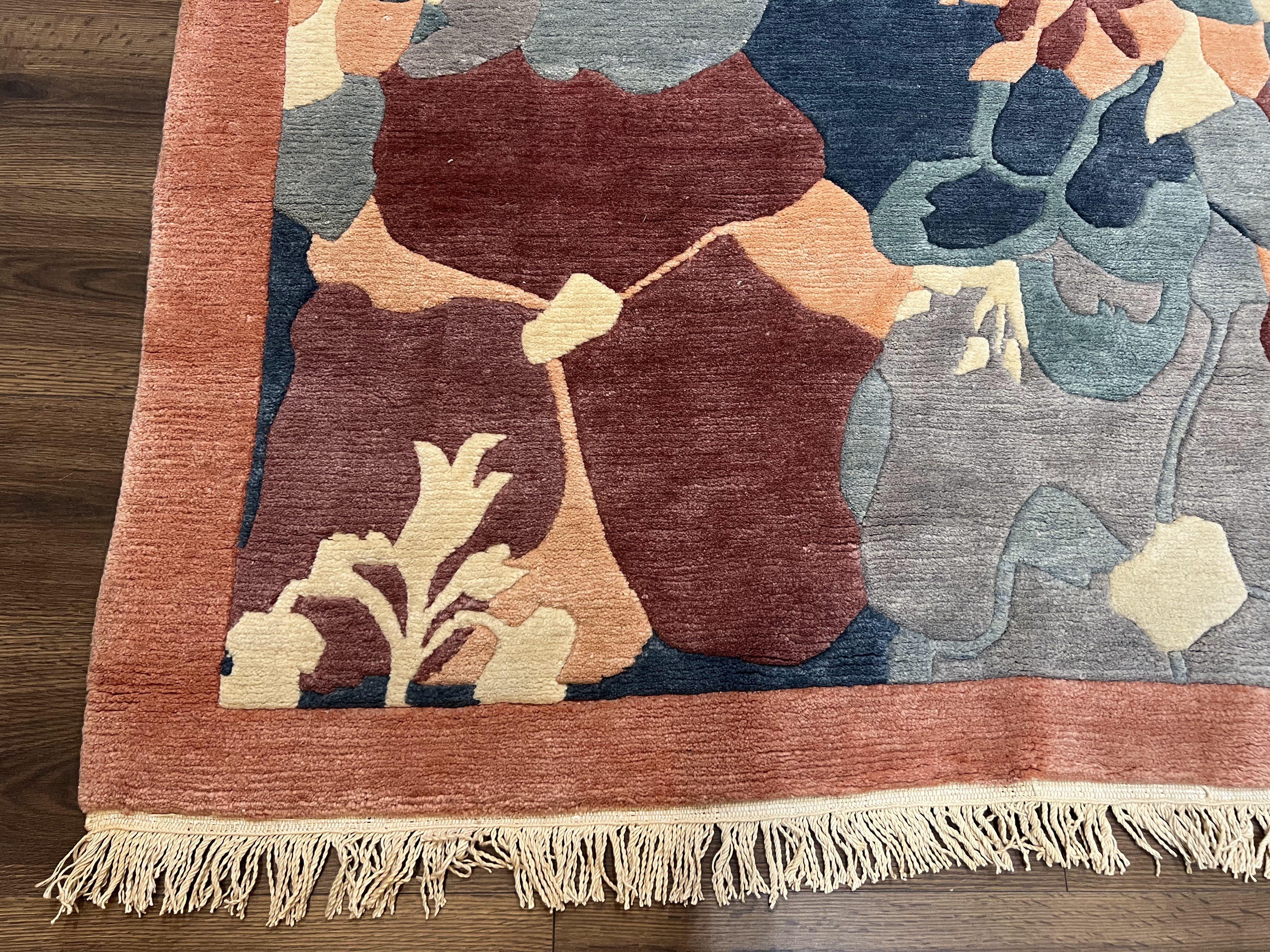 Modern Tibetan Rug 5.7 x 7.9, Abstract Multicolor Flower Pattern, Navy Blue Maroon Salmon, Soft Wool, Hand Knotted Contemporary Carpet 6x8 - Image 8