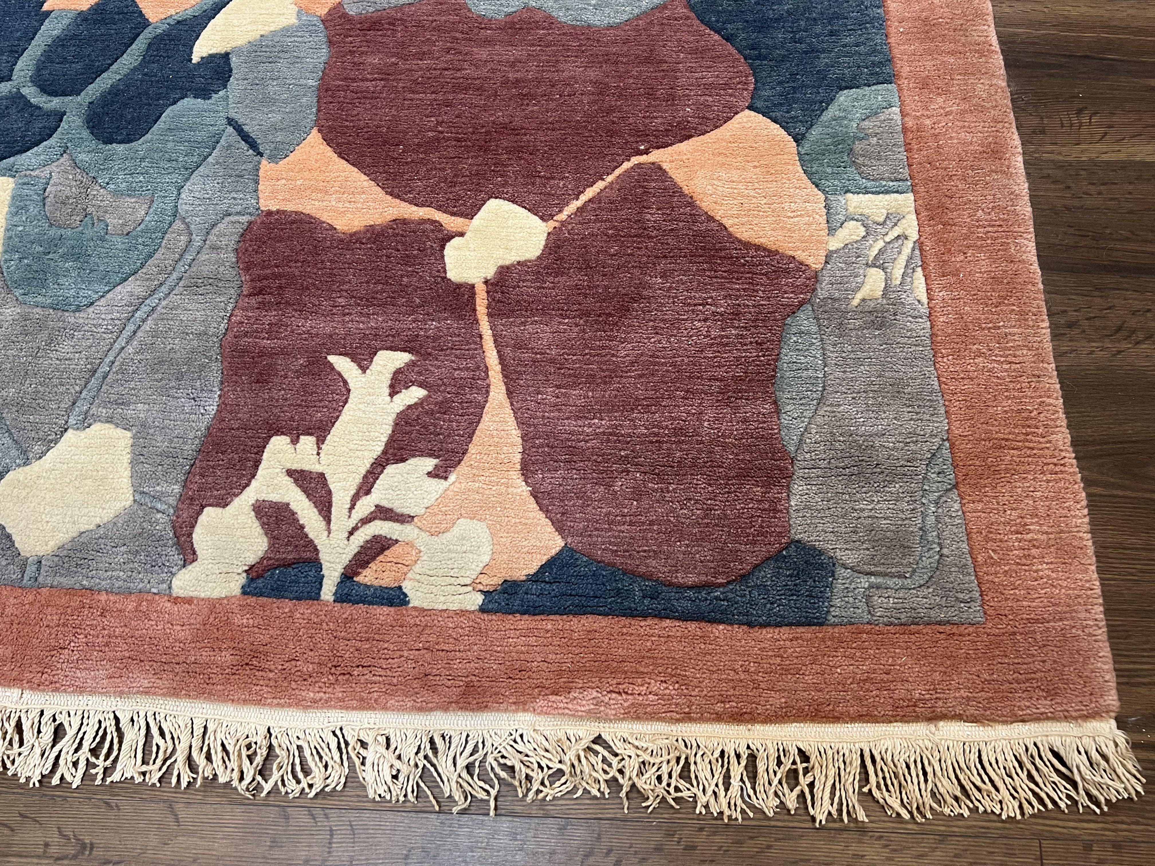 Modern Tibetan Rug 5.7 x 7.9, Abstract Multicolor Flower Pattern, Navy Blue Maroon Salmon, Soft Wool, Hand Knotted Contemporary Carpet 6x8 - Image 9