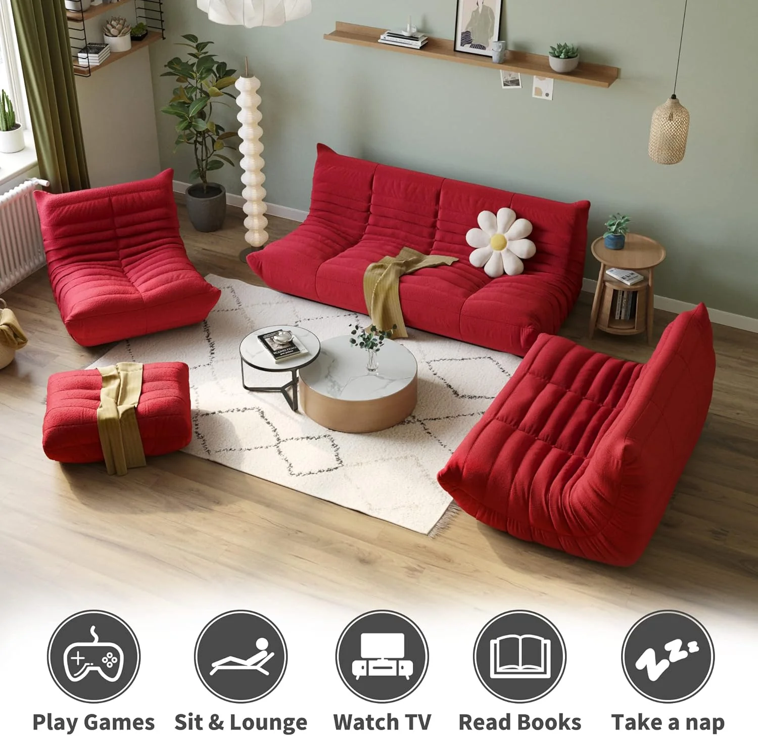 Muku Bouclé Chair - Red - 3 Seater - Image 3