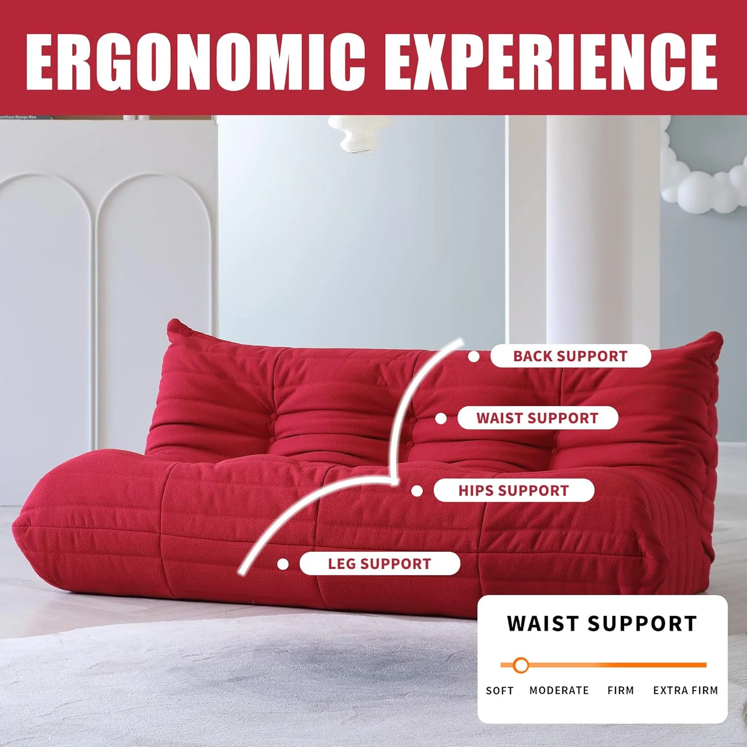 Muku Bouclé Chair - Red - 3 Seater - Image 4