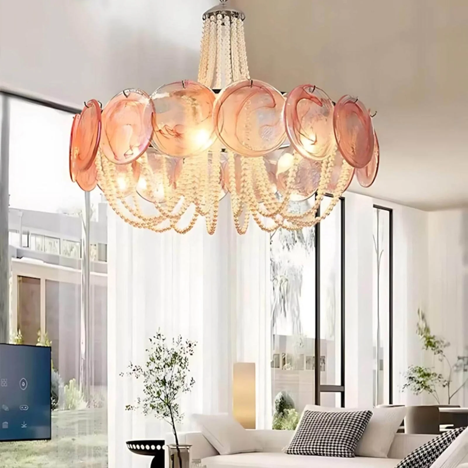 Murano Pink Disc Glass Chandelier - Image 10