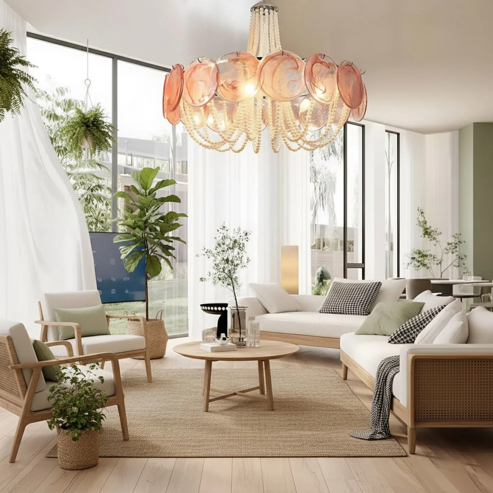 Murano Pink Disc Glass Chandelier - Image 2