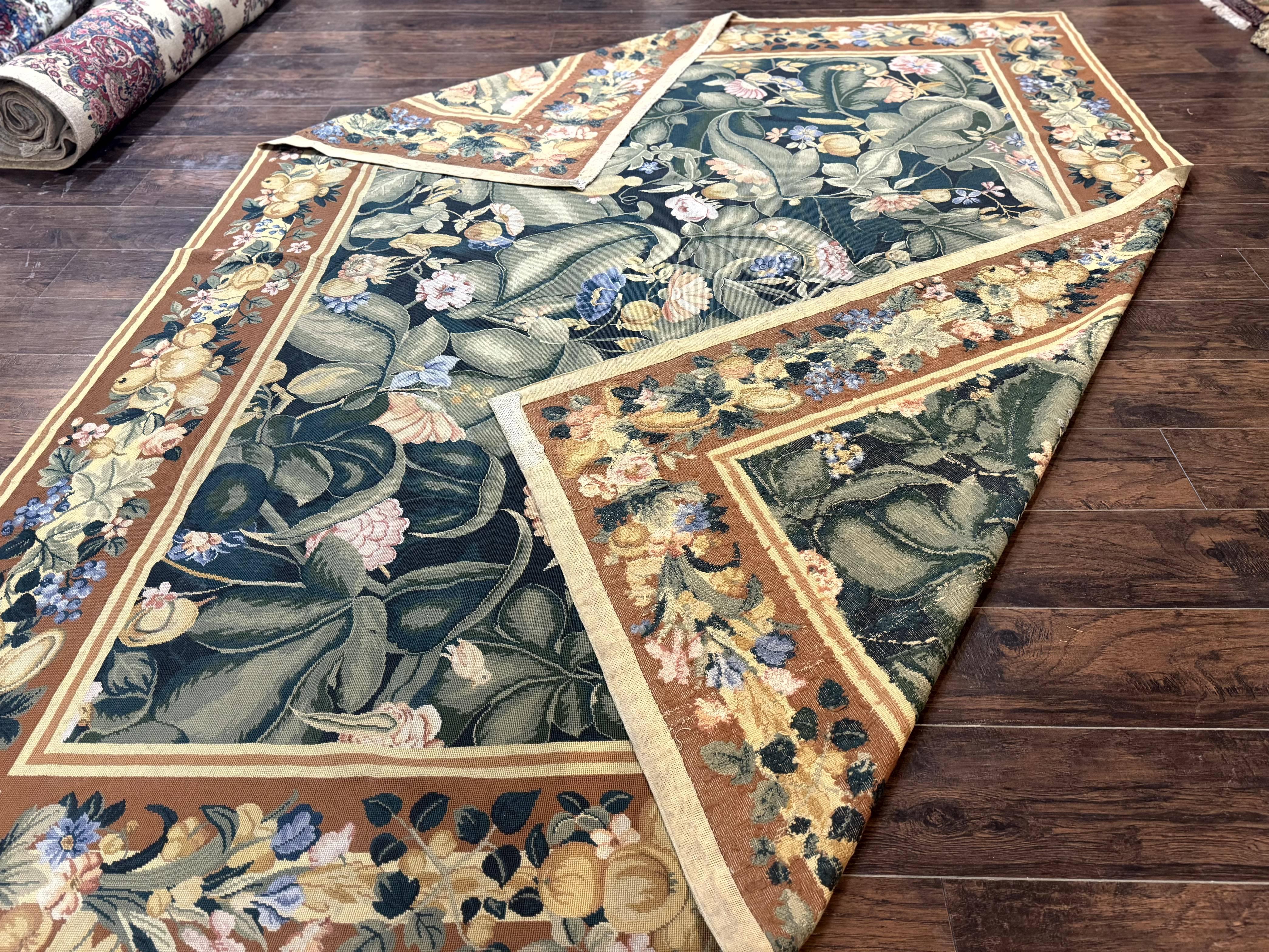 Needlepoint Rug 8x10, Vintage, Handmade, Wool, Green, Leaves & Fruits - Image 11