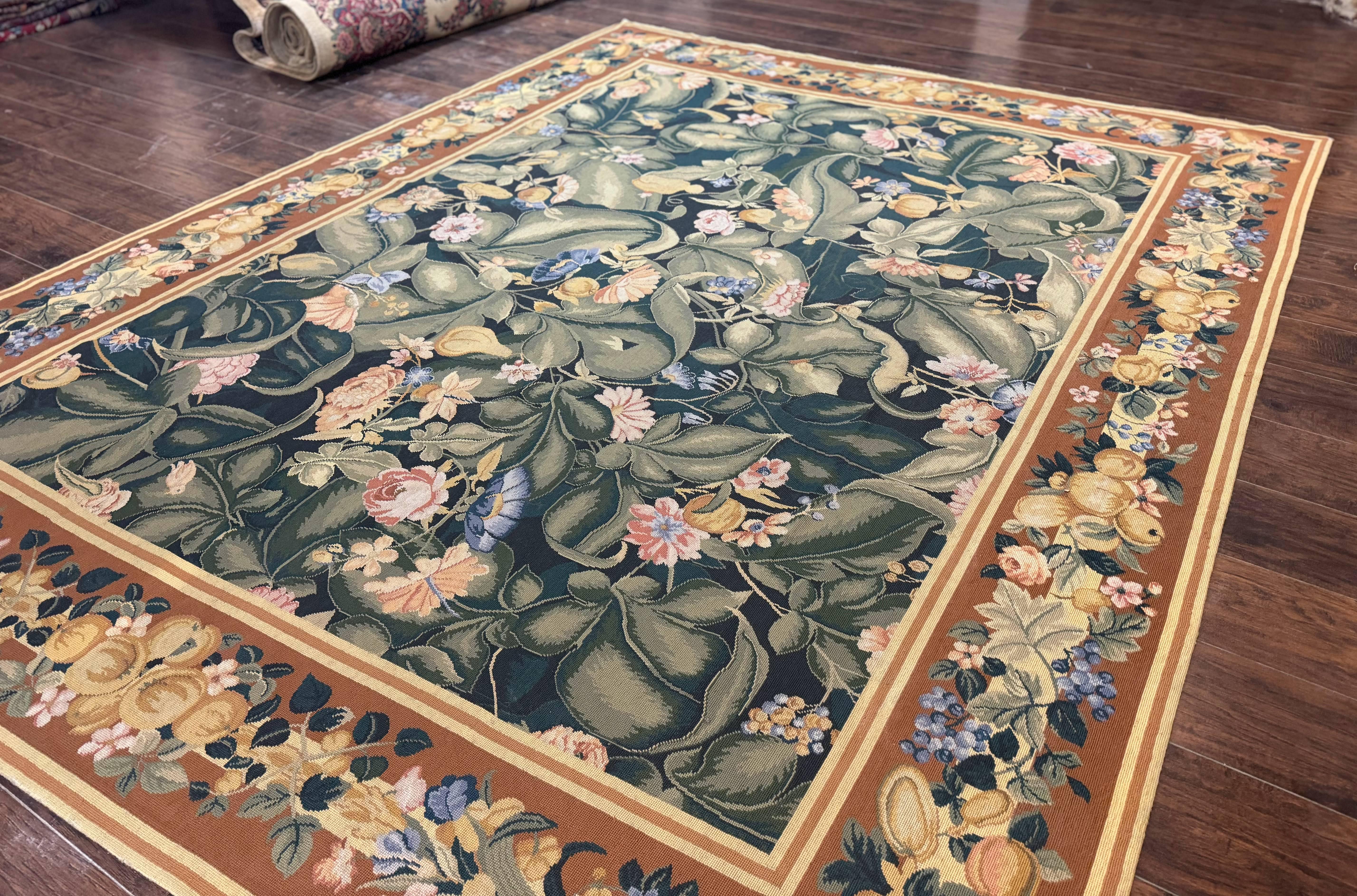 Needlepoint Rug 8x10, Vintage, Handmade, Wool, Green, Leaves & Fruits - Image 2