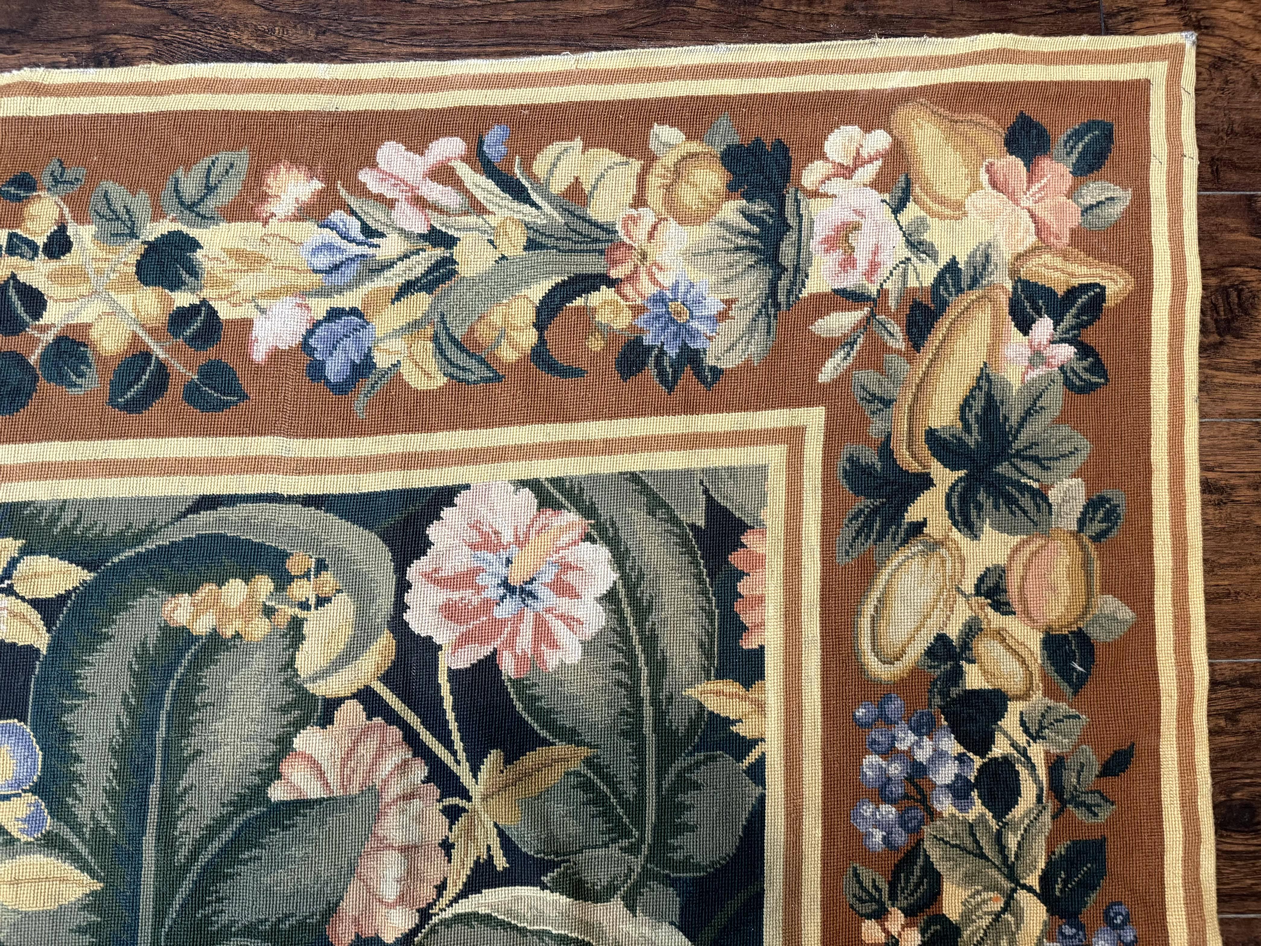 Needlepoint Rug 8x10, Vintage, Handmade, Wool, Green, Leaves & Fruits - Image 7