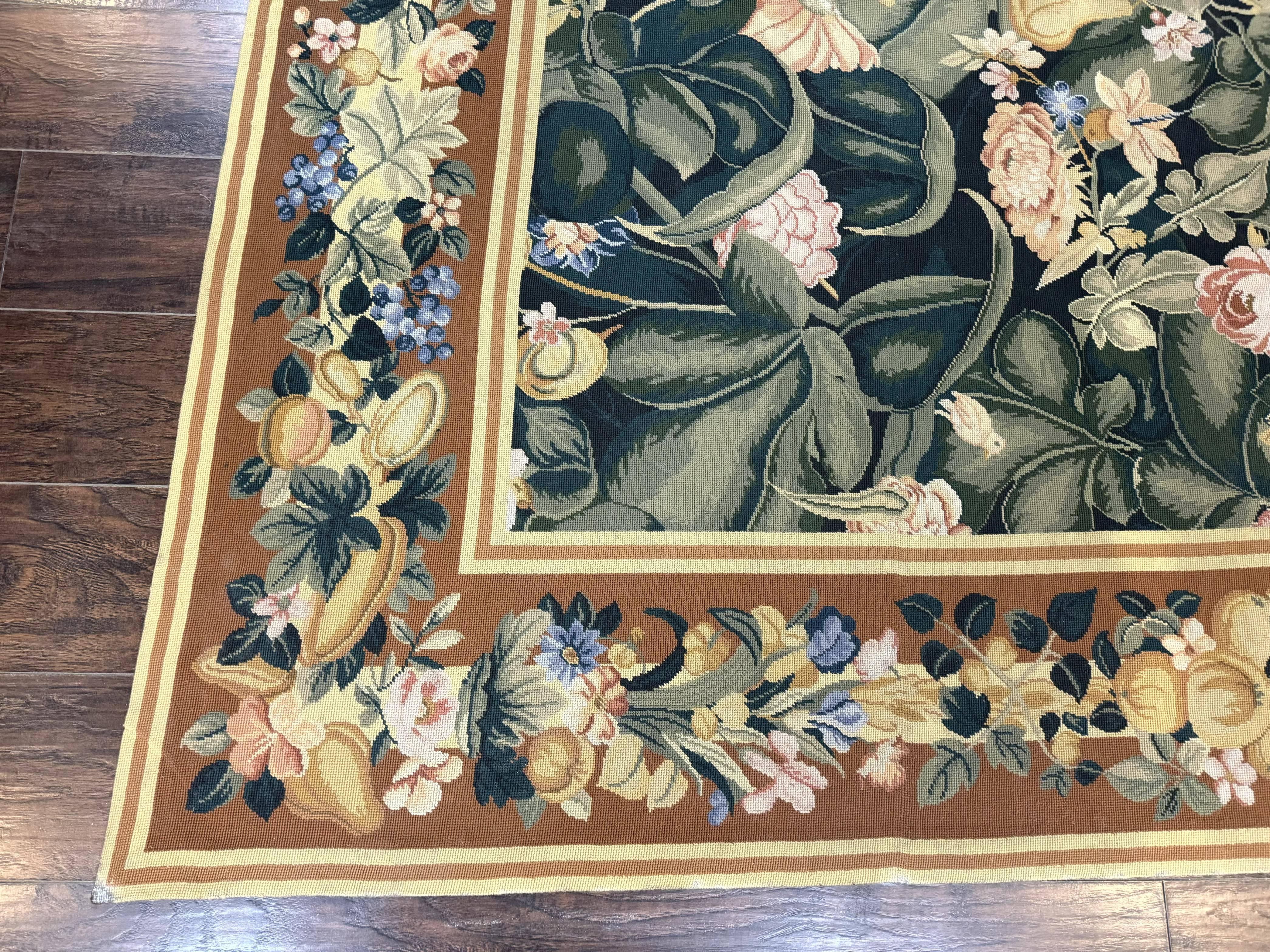 Needlepoint Rug 8x10, Vintage, Handmade, Wool, Green, Leaves & Fruits - Image 8