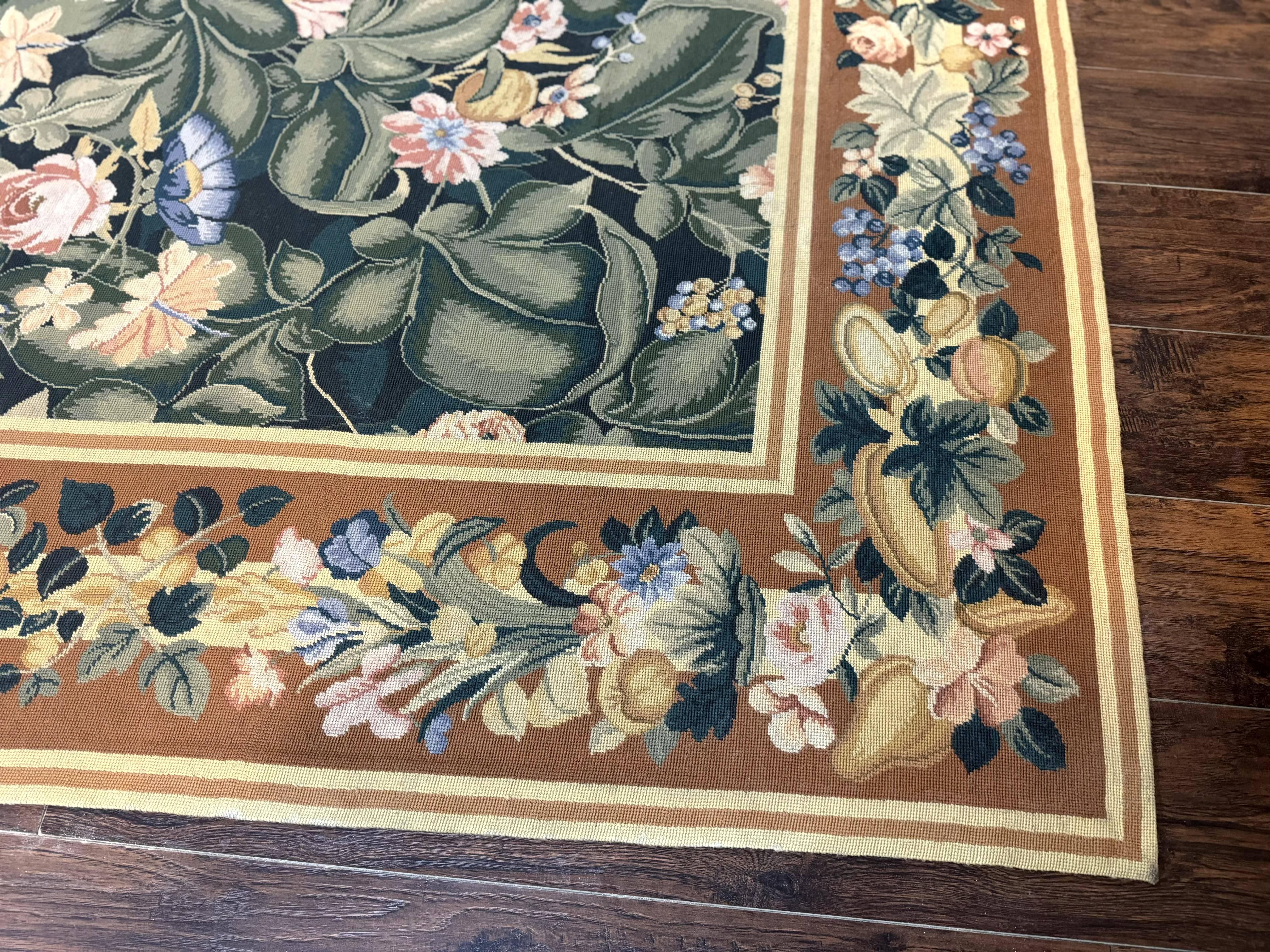 Needlepoint Rug 8x10, Vintage, Handmade, Wool, Green, Leaves & Fruits - Image 9
