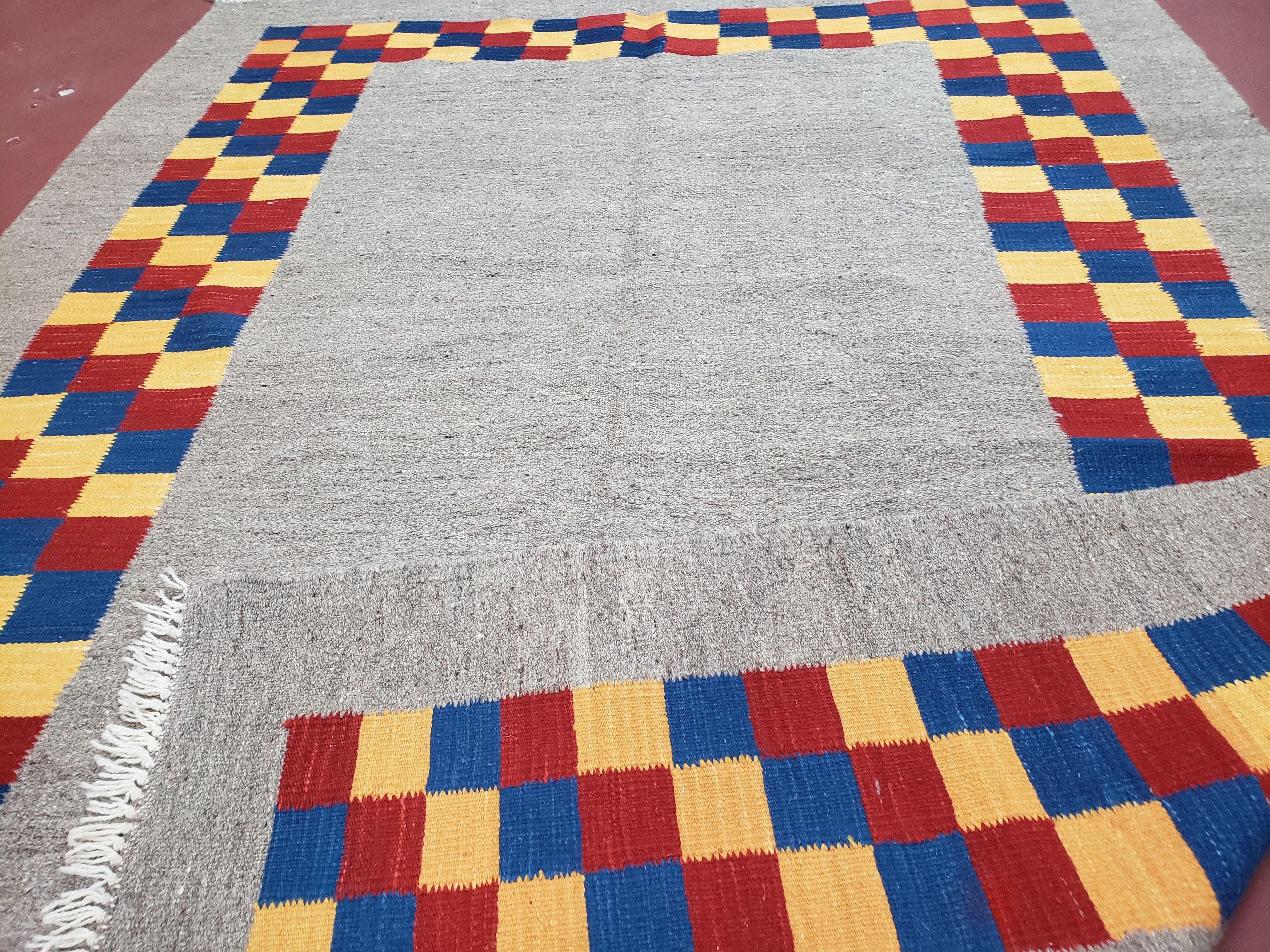 New Turkish Kilim Area Rug, Gray Carpet With Colorful Checker Border, 5'6" x 8", Flatweave Carpet, Playroom Rug, Kids Room Rug, Hand-Knotted - Image 10
