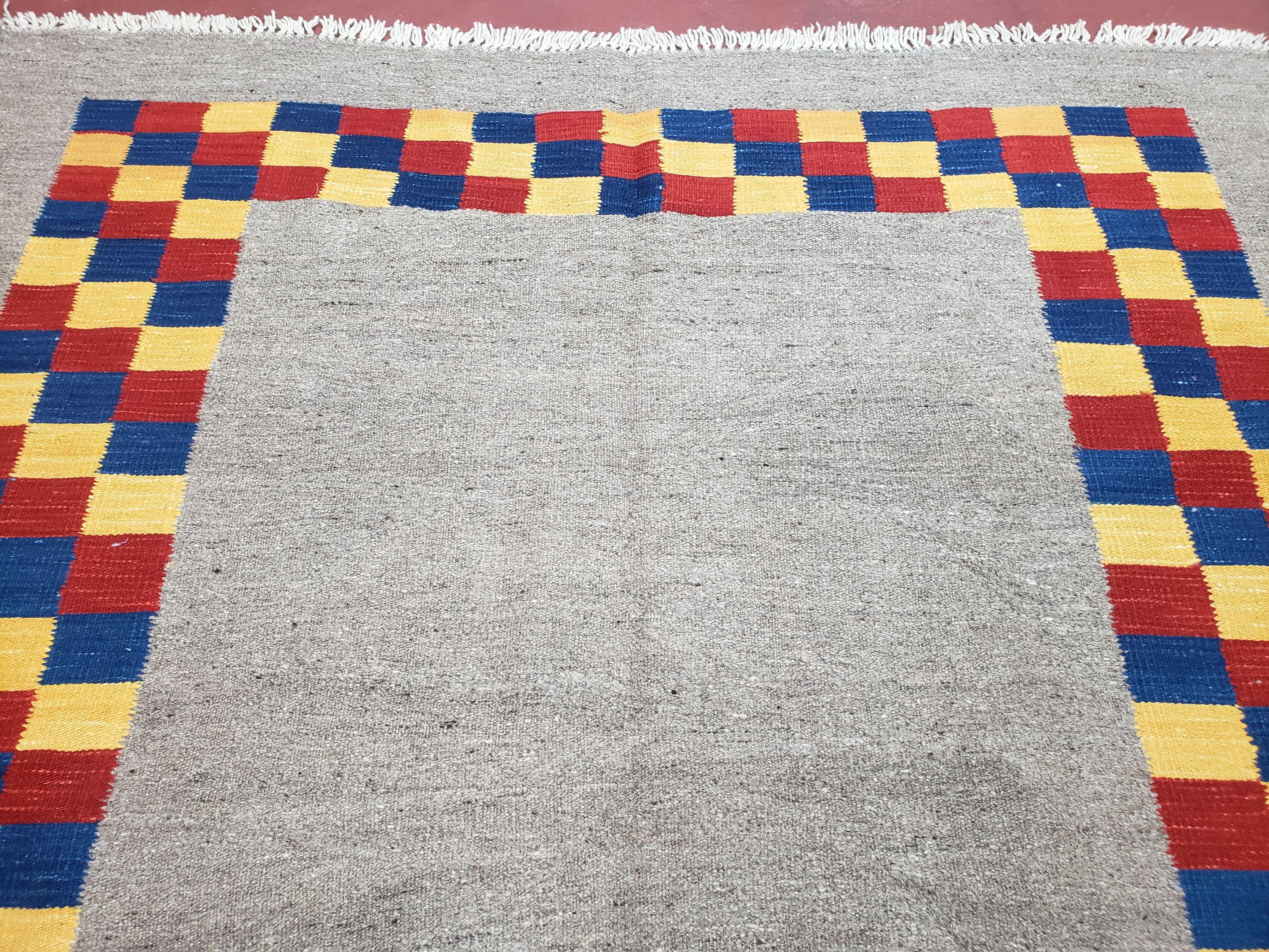 New Turkish Kilim Area Rug, Gray Carpet With Colorful Checker Border, 5'6" x 8", Flatweave Carpet, Playroom Rug, Kids Room Rug, Hand-Knotted - Image 11
