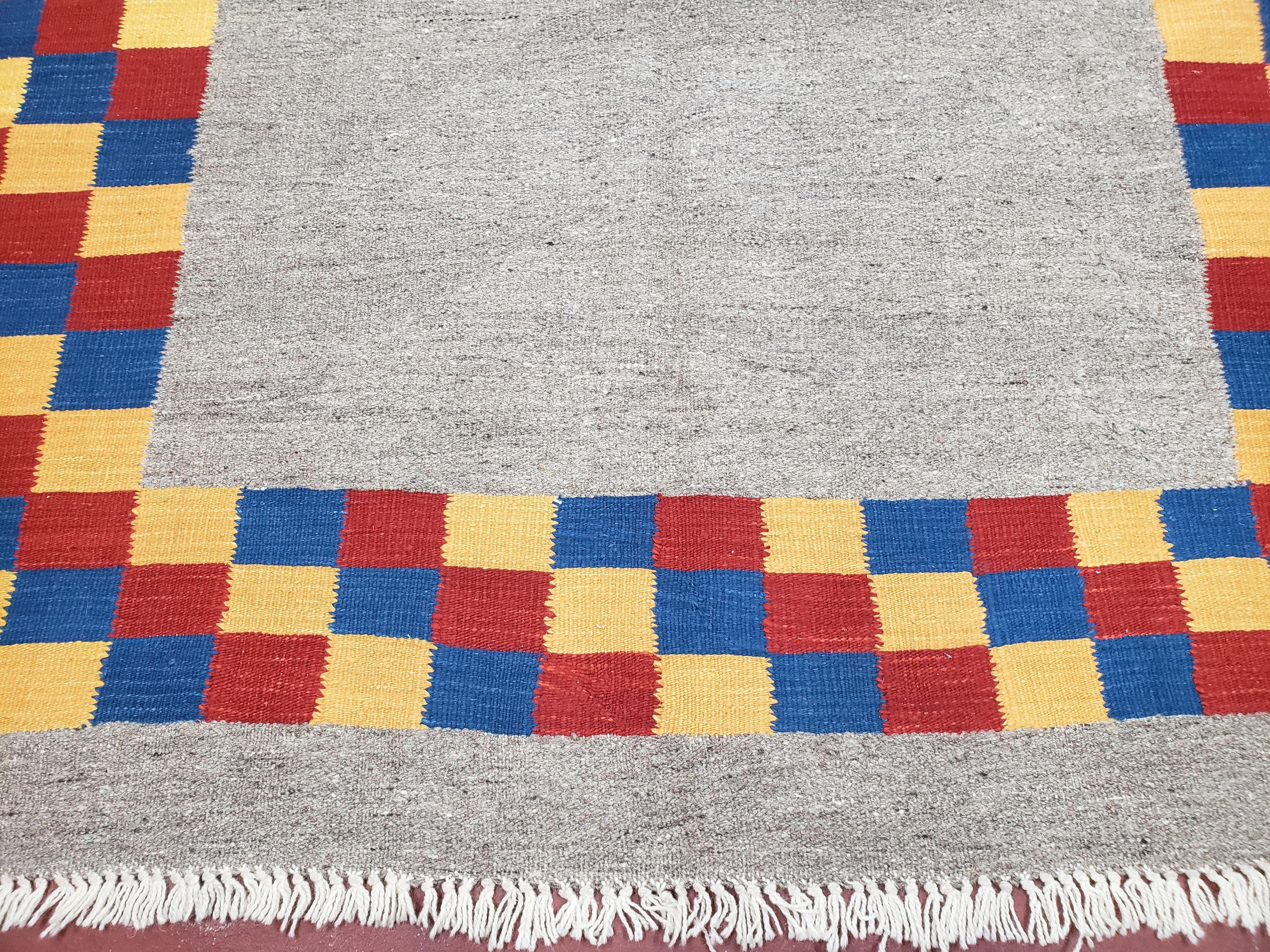 New Turkish Kilim Area Rug, Gray Carpet With Colorful Checker Border, 5'6" x 8", Flatweave Carpet, Playroom Rug, Kids Room Rug, Hand-Knotted - Image 12