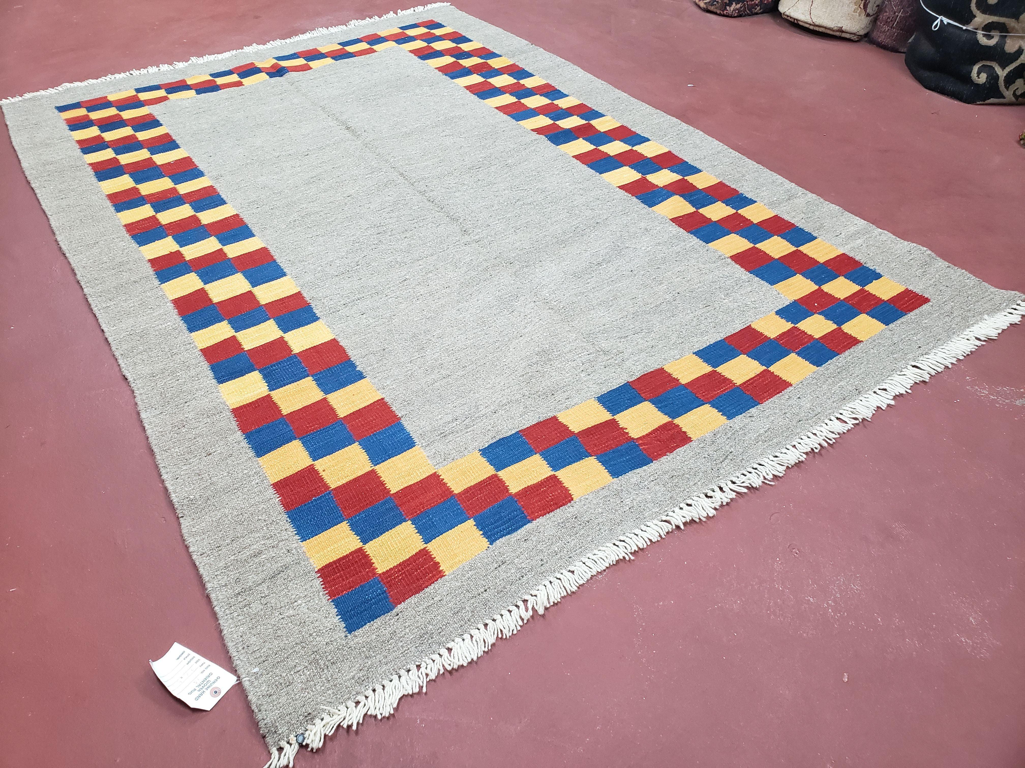New Turkish Kilim Area Rug, Gray Carpet With Colorful Checker Border, 5'6" x 8", Flatweave Carpet, Playroom Rug, Kids Room Rug, Hand-Knotted - Image 2