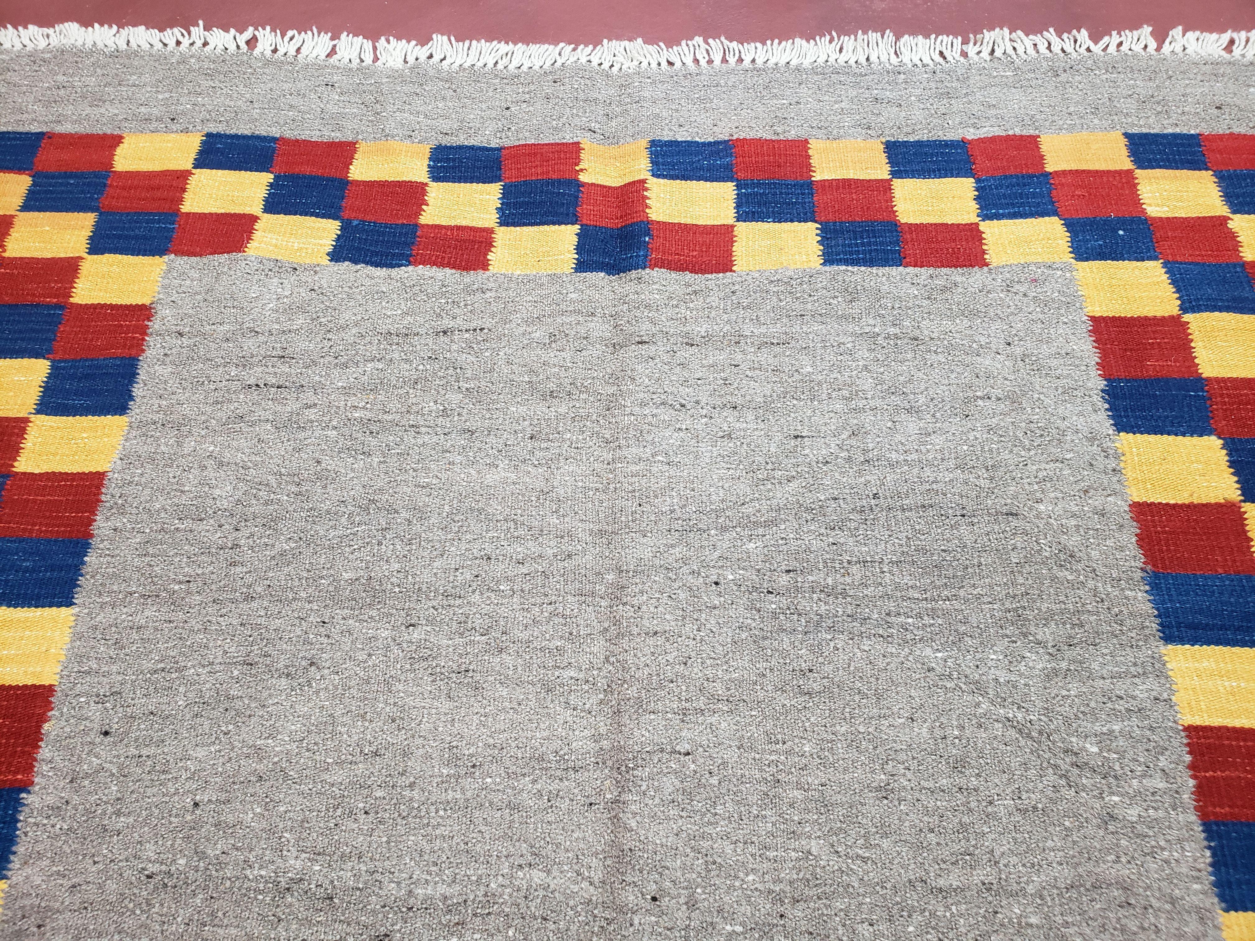 New Turkish Kilim Area Rug, Gray Carpet With Colorful Checker Border, 5'6" x 8", Flatweave Carpet, Playroom Rug, Kids Room Rug, Hand-Knotted - Image 3