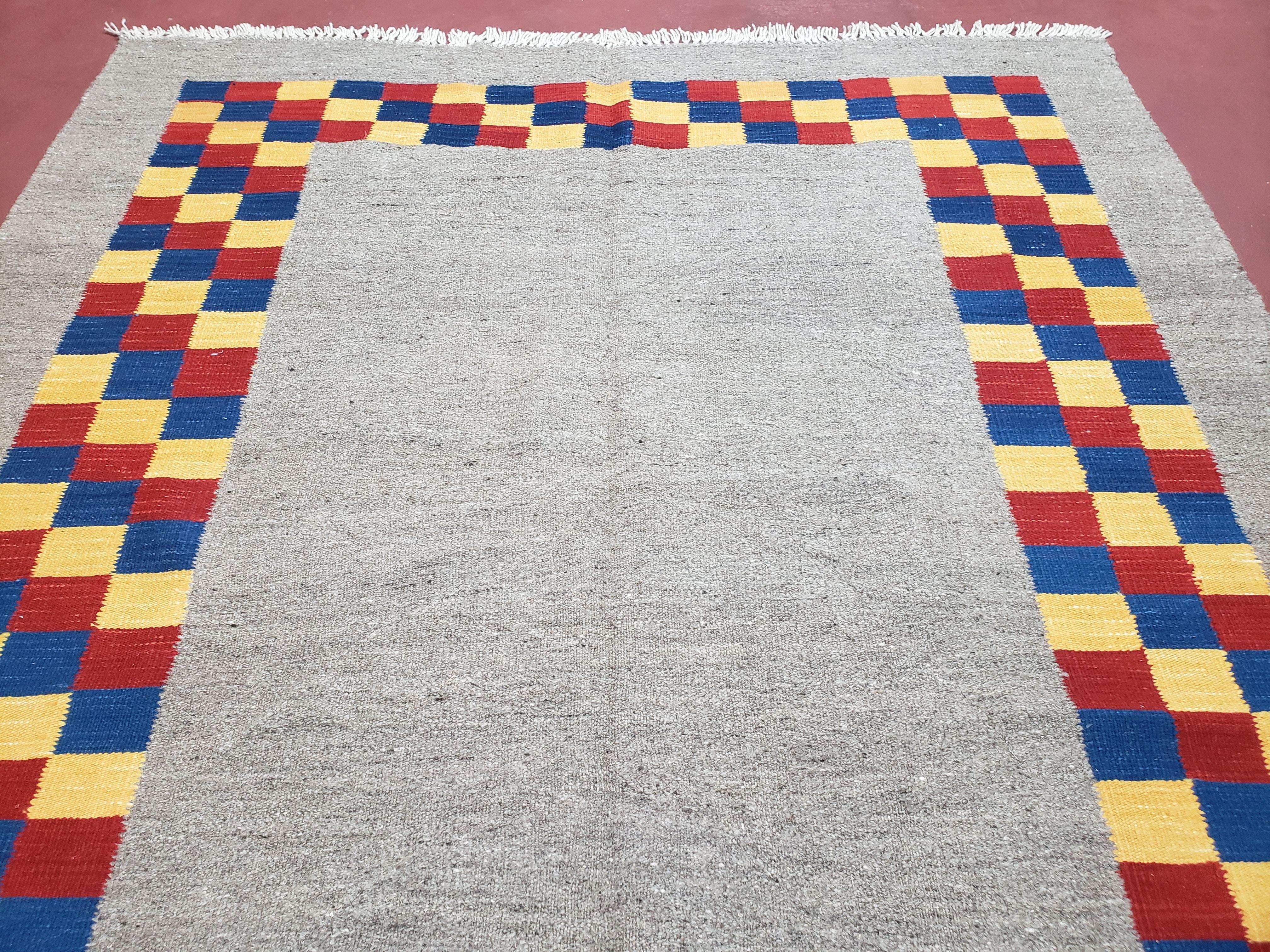 New Turkish Kilim Area Rug, Gray Carpet With Colorful Checker Border, 5'6" x 8", Flatweave Carpet, Playroom Rug, Kids Room Rug, Hand-Knotted - Image 4