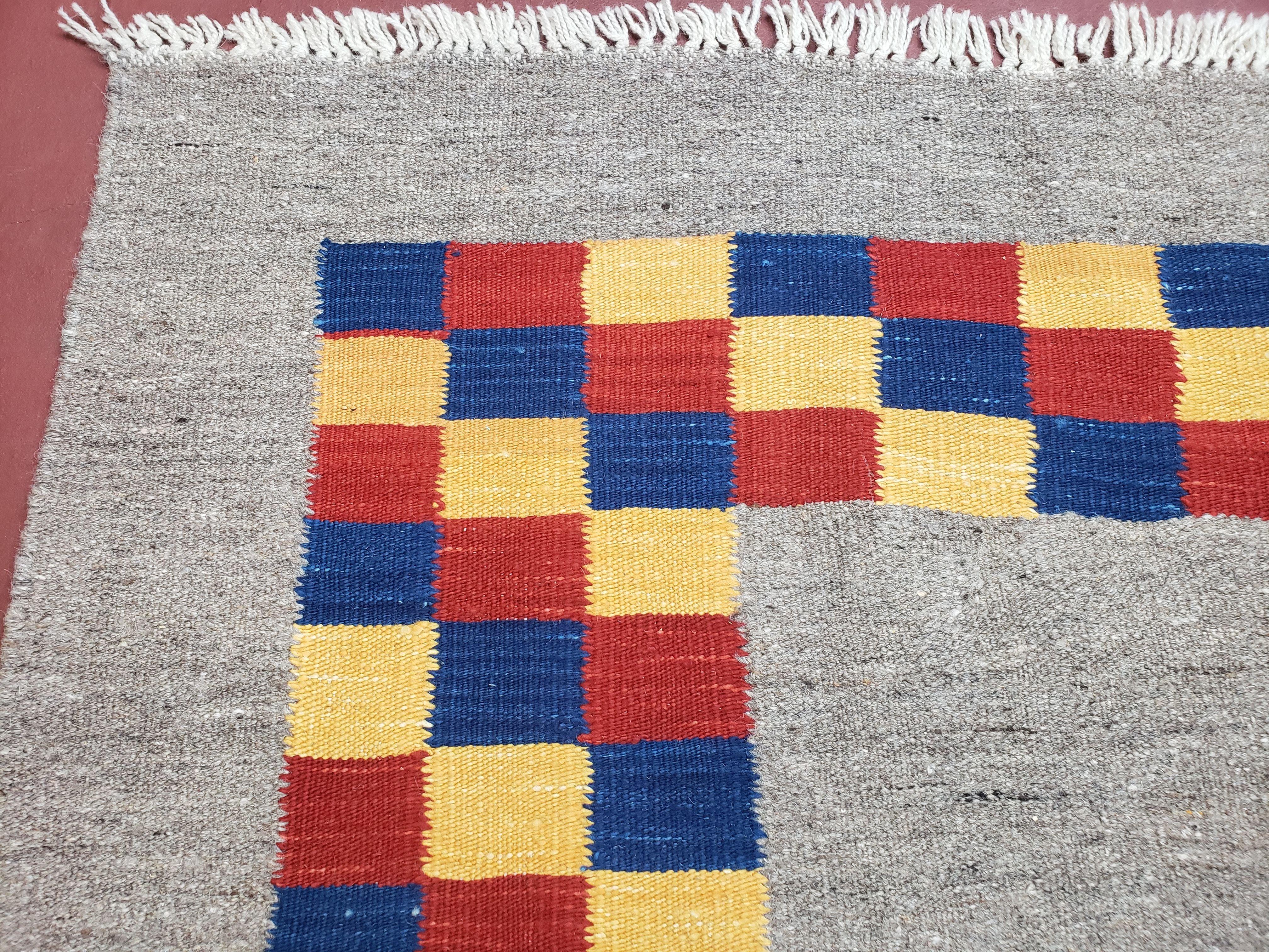 New Turkish Kilim Area Rug, Gray Carpet With Colorful Checker Border, 5'6" x 8", Flatweave Carpet, Playroom Rug, Kids Room Rug, Hand-Knotted - Image 5