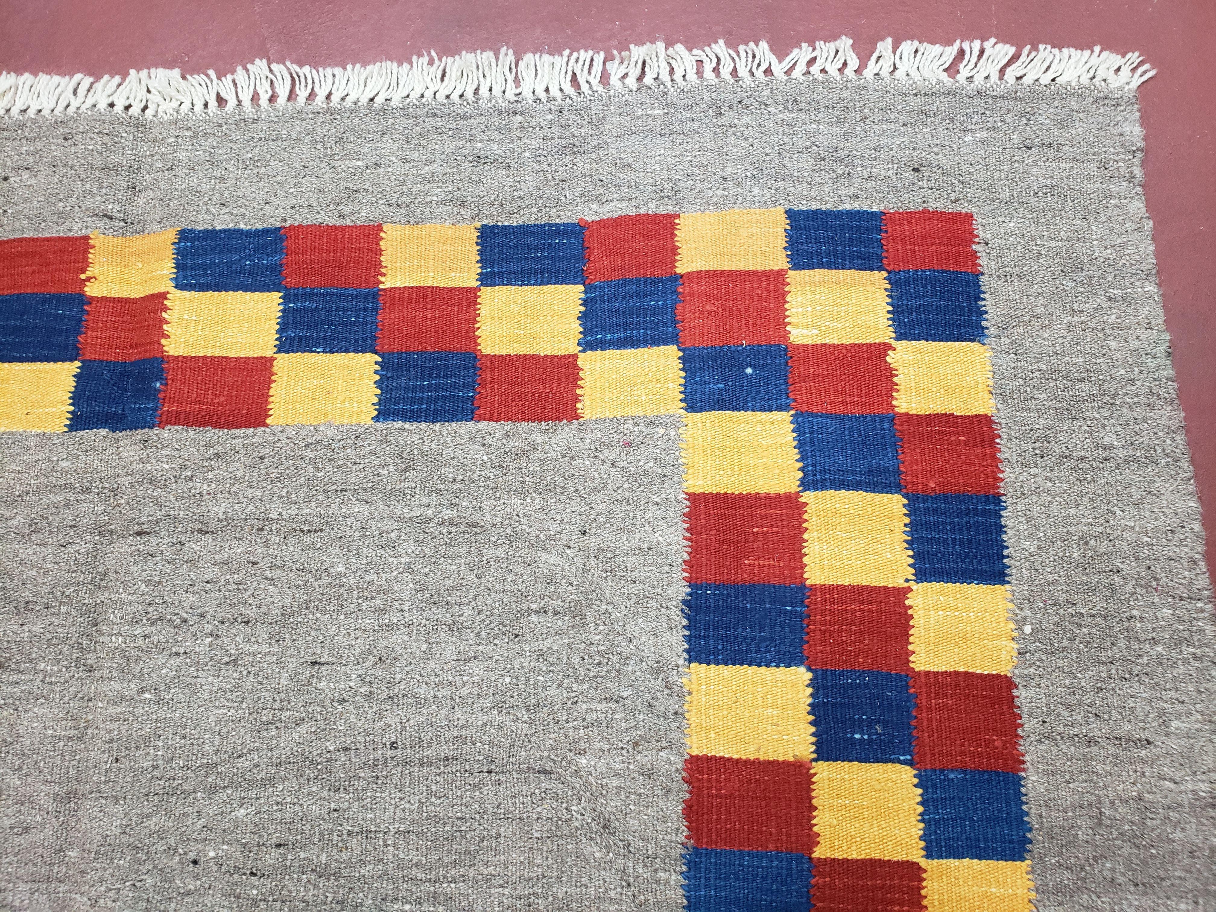 New Turkish Kilim Area Rug, Gray Carpet With Colorful Checker Border, 5'6" x 8", Flatweave Carpet, Playroom Rug, Kids Room Rug, Hand-Knotted - Image 6