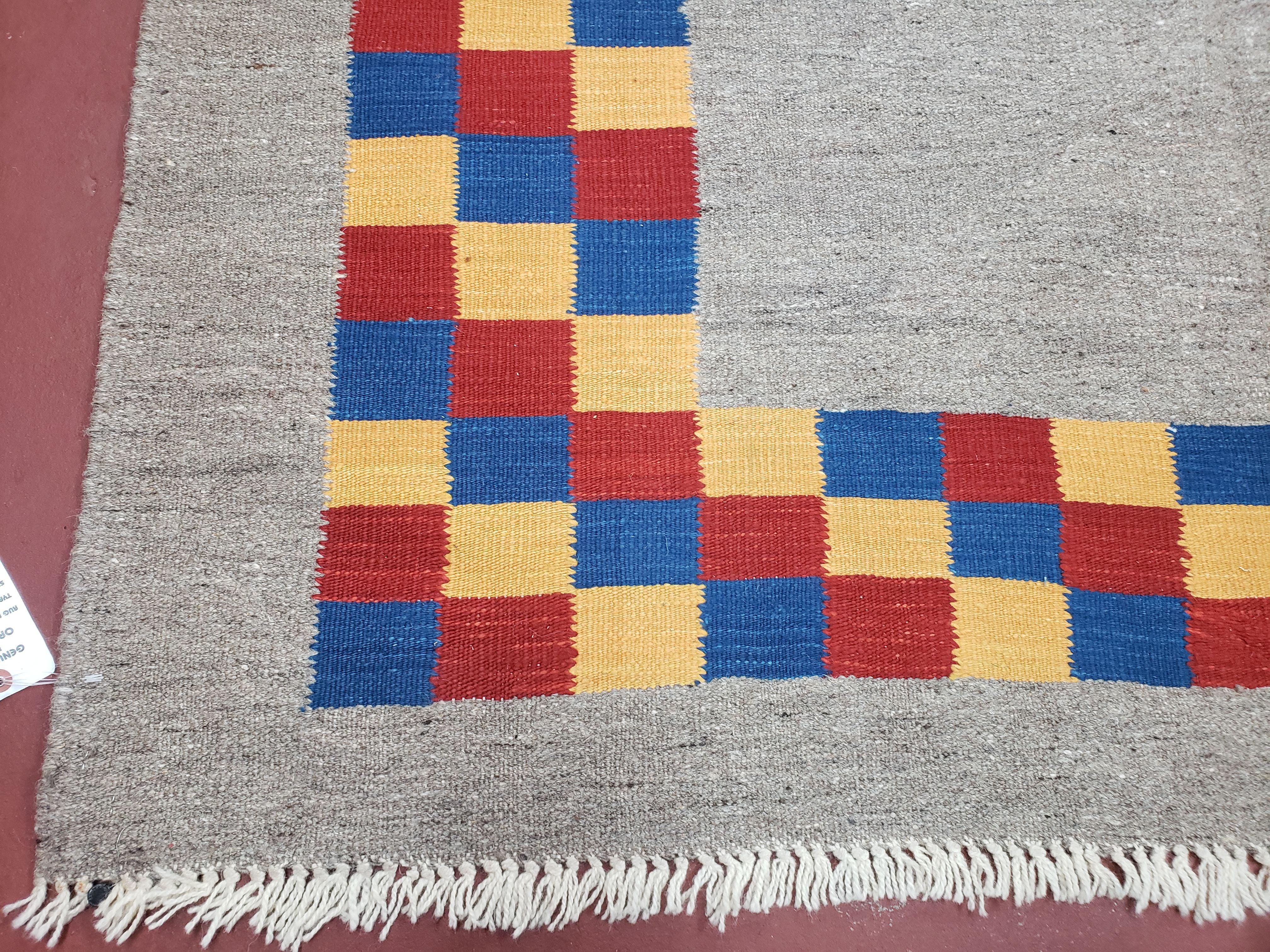 New Turkish Kilim Area Rug, Gray Carpet With Colorful Checker Border, 5'6" x 8", Flatweave Carpet, Playroom Rug, Kids Room Rug, Hand-Knotted - Image 7