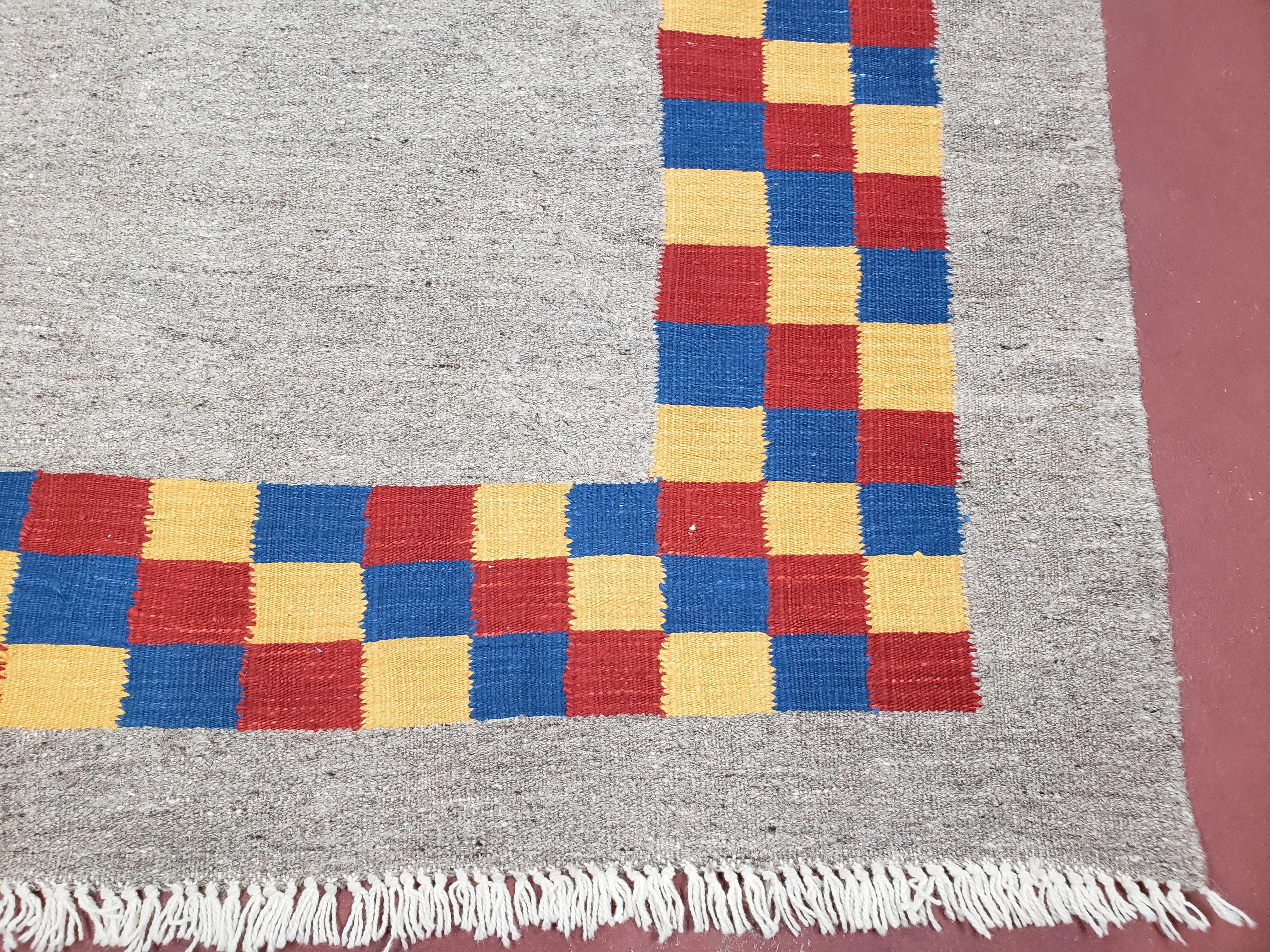 New Turkish Kilim Area Rug, Gray Carpet With Colorful Checker Border, 5'6" x 8", Flatweave Carpet, Playroom Rug, Kids Room Rug, Hand-Knotted - Image 8