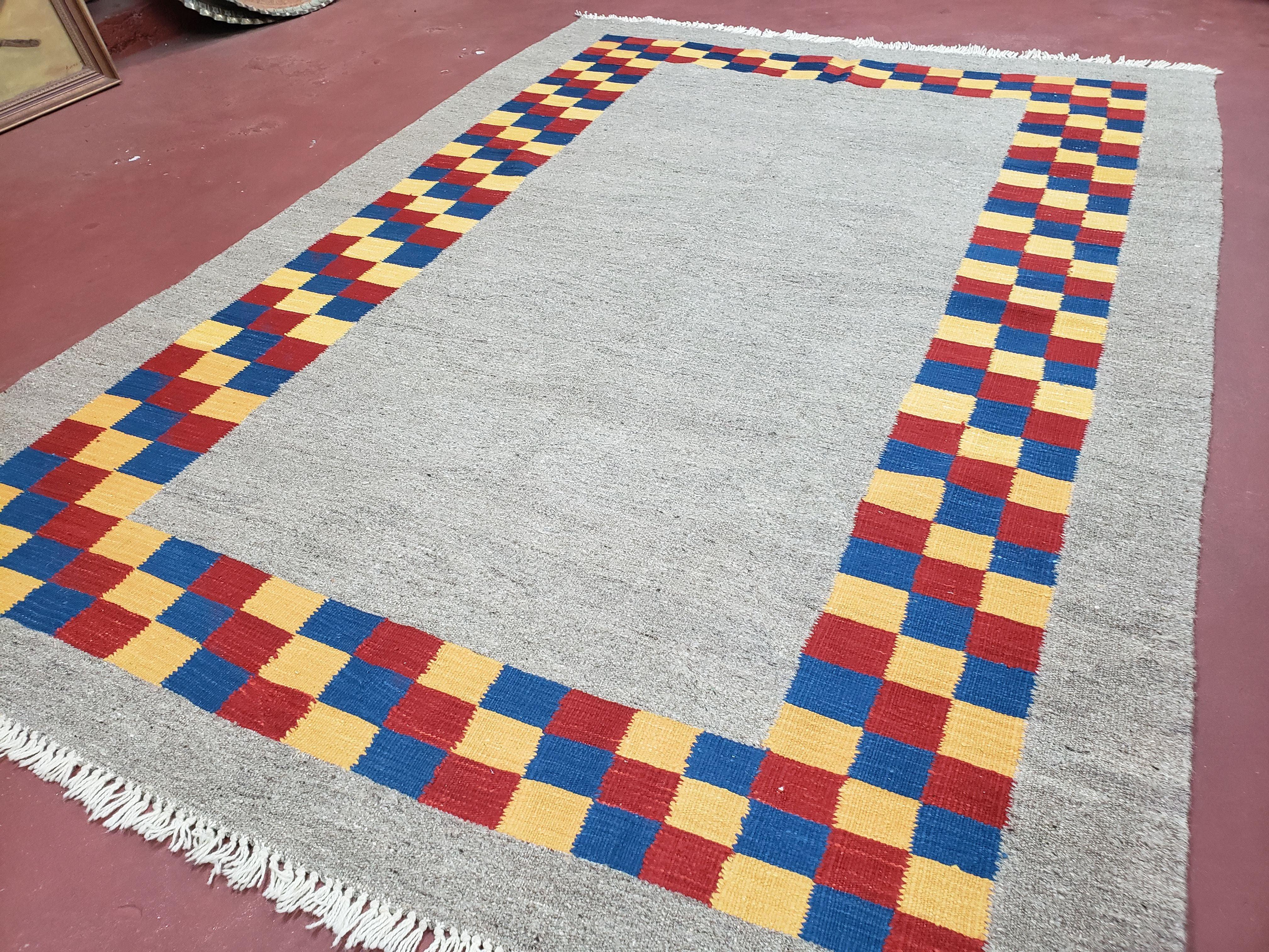 New Turkish Kilim Area Rug, Gray Carpet With Colorful Checker Border, 5'6" x 8", Flatweave Carpet, Playroom Rug, Kids Room Rug, Hand-Knotted - Image 9