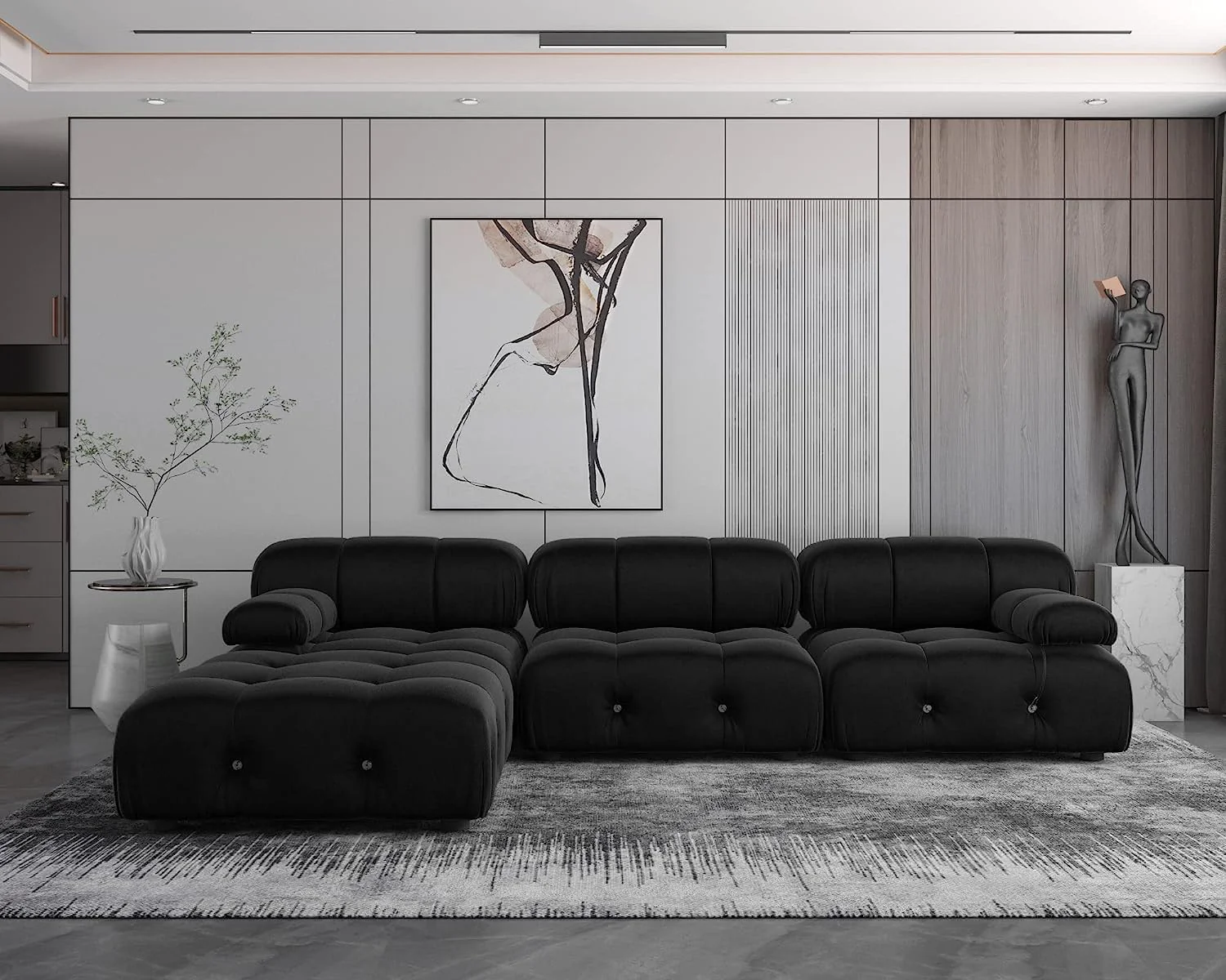 Nuvé® Takumi Velvet Modular Bouclé Cloud Sofa - Black - 3-Seater Sofa with 1 Ottoman