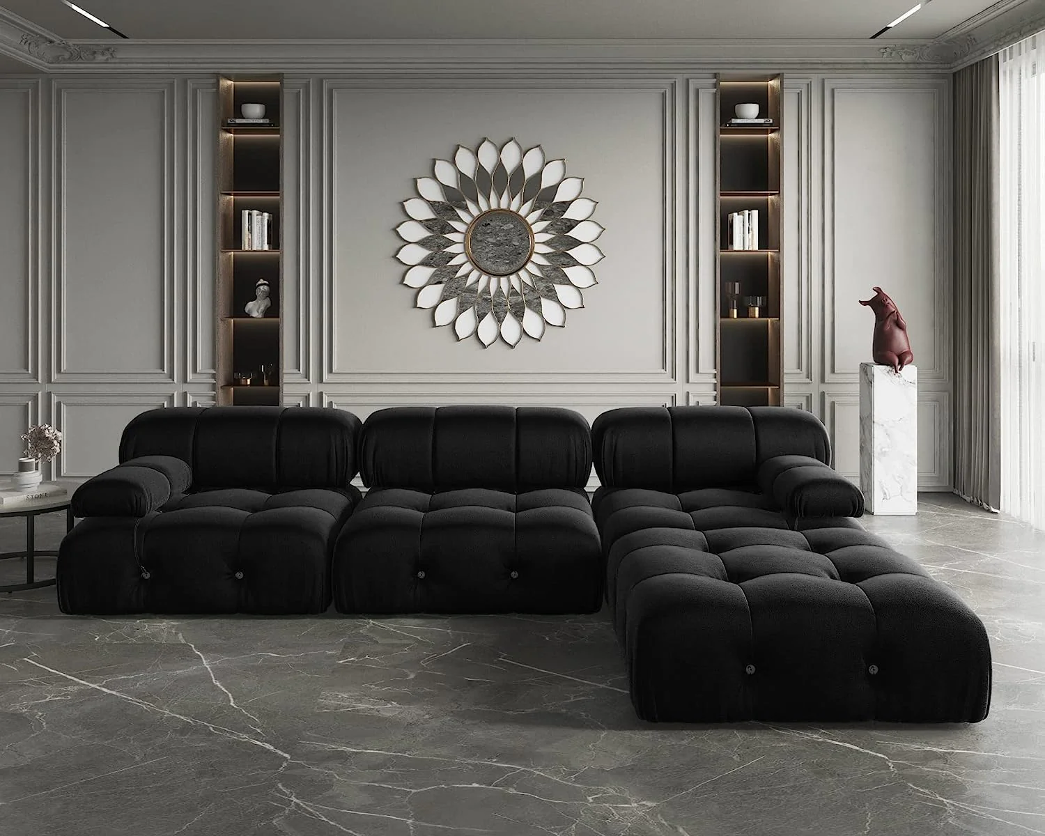 Nuvé® Takumi Velvet Modular Bouclé Cloud Sofa - Black - 3-Seater Sofa with 1 Ottoman - Image 4