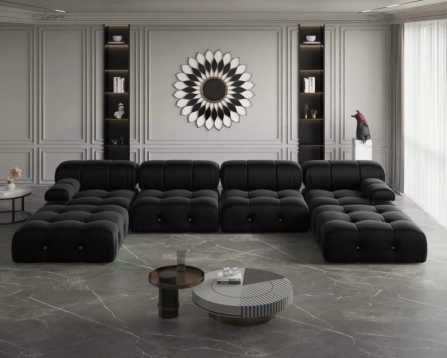Nuvé® Takumi Velvet Modular Bouclé Cloud Sofa - Black - 4-Seater Sofa with 2 Ottoman - Image 2