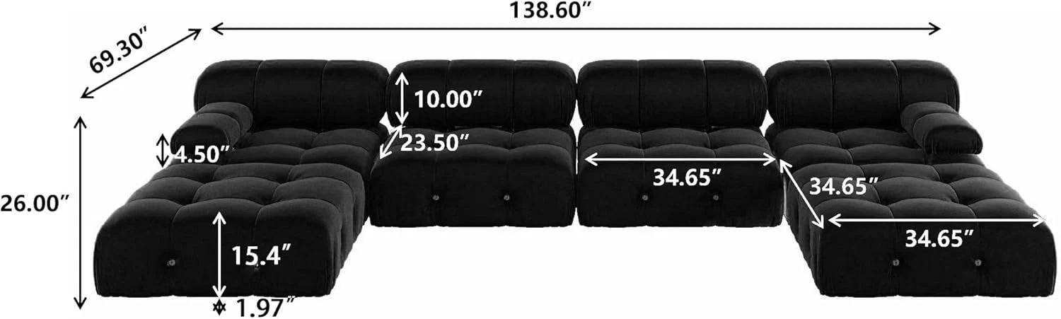 Nuvé® Takumi Velvet Modular Bouclé Cloud Sofa - Black - 4-Seater Sofa with 2 Ottoman - Image 5
