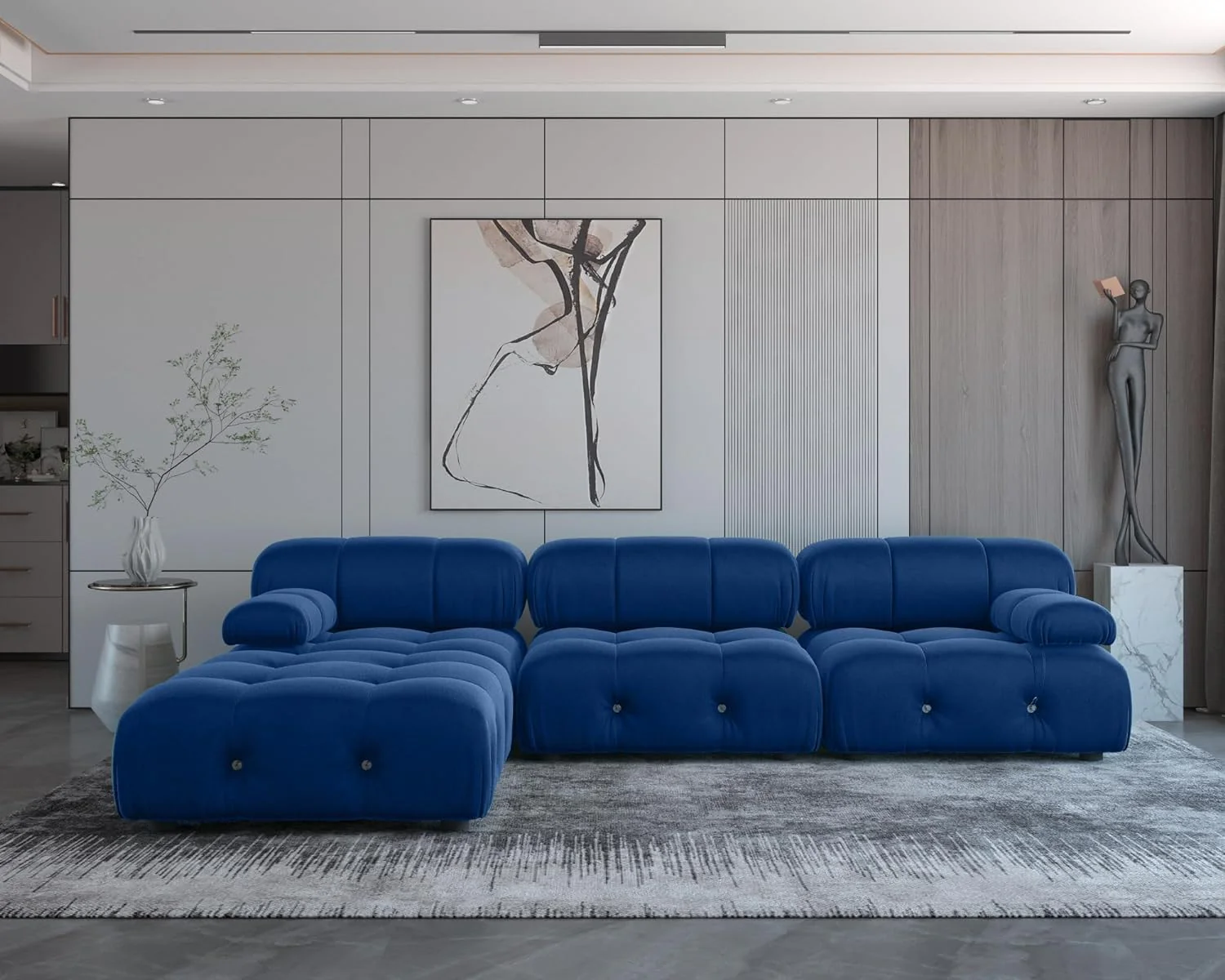 Nuvé® Takumi Velvet Modular Bouclé Cloud Sofa - Blue - 3-Seater Sofa with 1 Ottoman