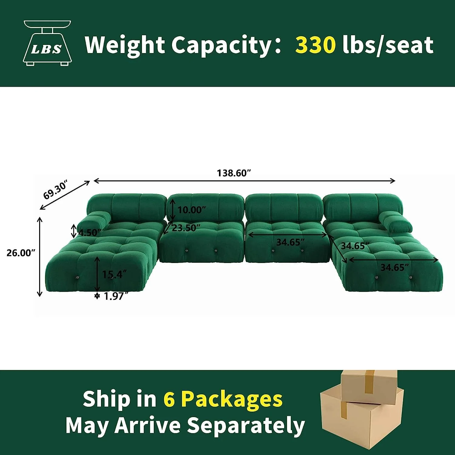 Nuvé® Takumi Velvet Modular Bouclé Cloud Sofa - Green - 4-Seater Sofa with 2 Ottoman - Image 5