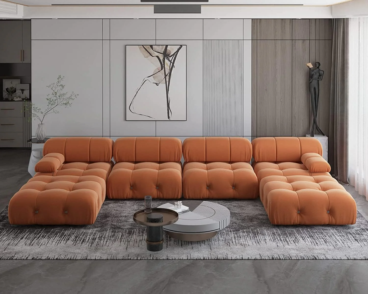 Nuvé® Takumi Velvet Modular Bouclé Cloud Sofa - Orange - 4-Seater Sofa with 2 Ottoman - Image 4