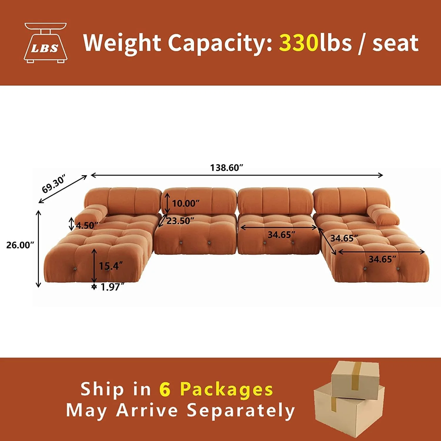 Nuvé® Takumi Velvet Modular Bouclé Cloud Sofa - Orange - 4-Seater Sofa with 2 Ottoman - Image 5