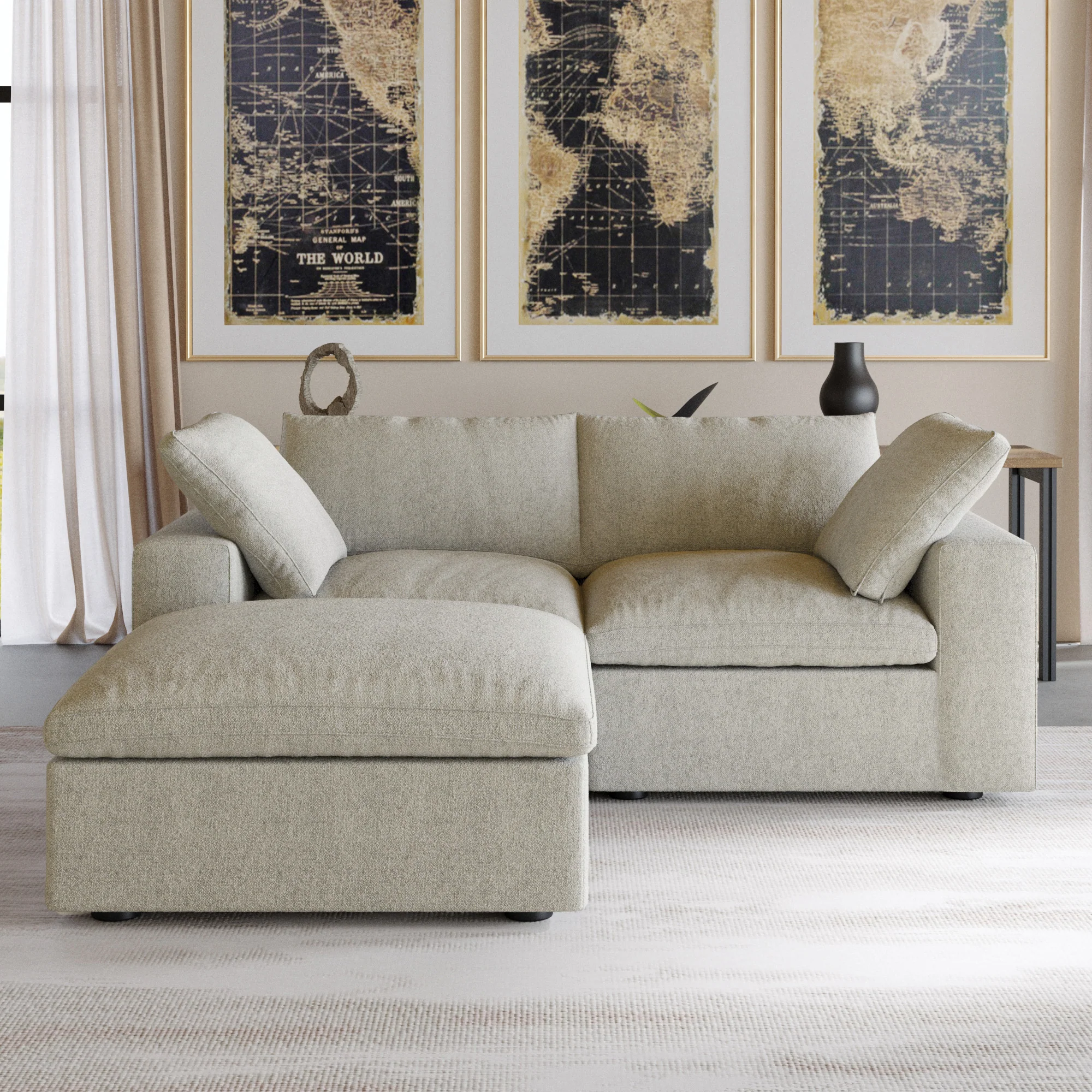 Nuvé® Solace Modular Bouclé Cloud Sofa - Khaki - 2-Seater Sectional Sofa with Ottoman - Image 4