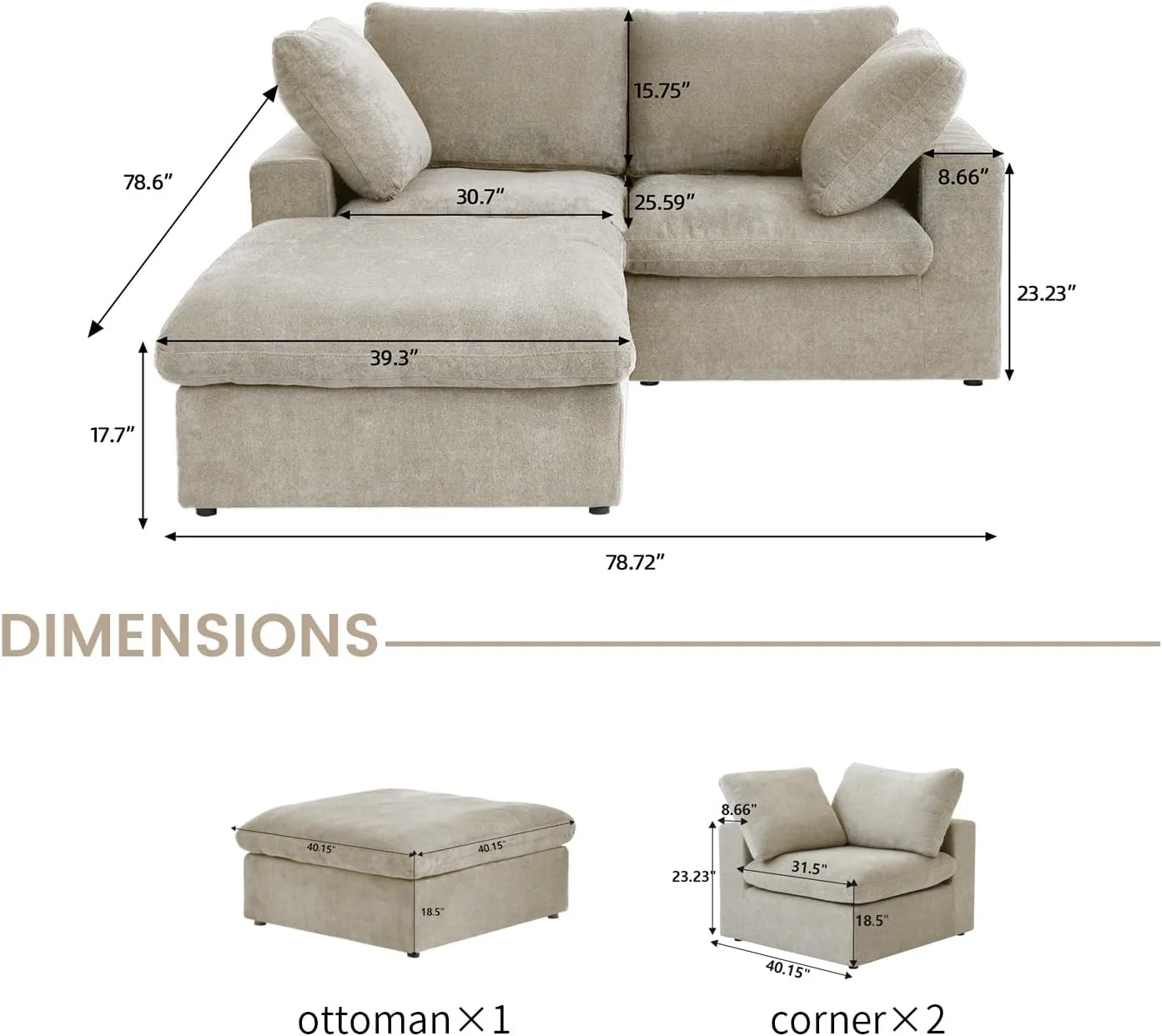 Nuvé® Solace Modular Bouclé Cloud Sofa - Khaki - 2-Seater Sectional Sofa with Ottoman - Image 9