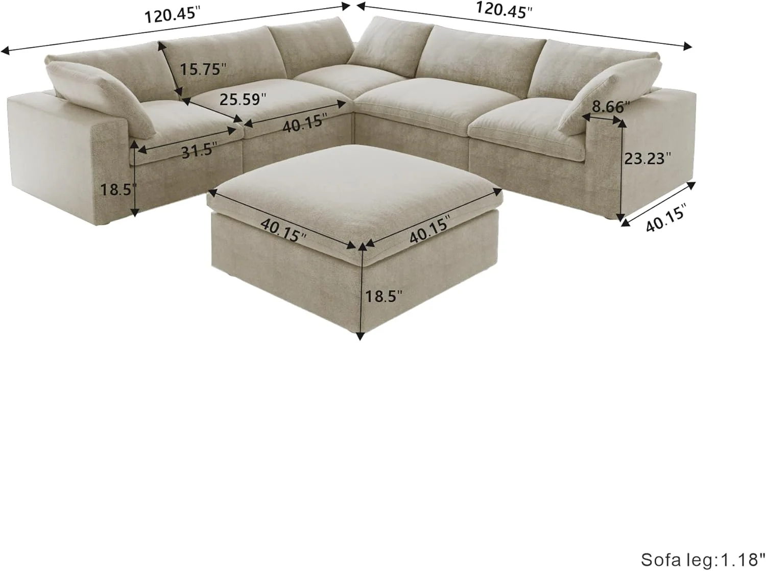 Nuvé® Solace Modular Bouclé Cloud Sofa - Khaki - 5-Seater Corner Sectional + Ottoman - Image 8