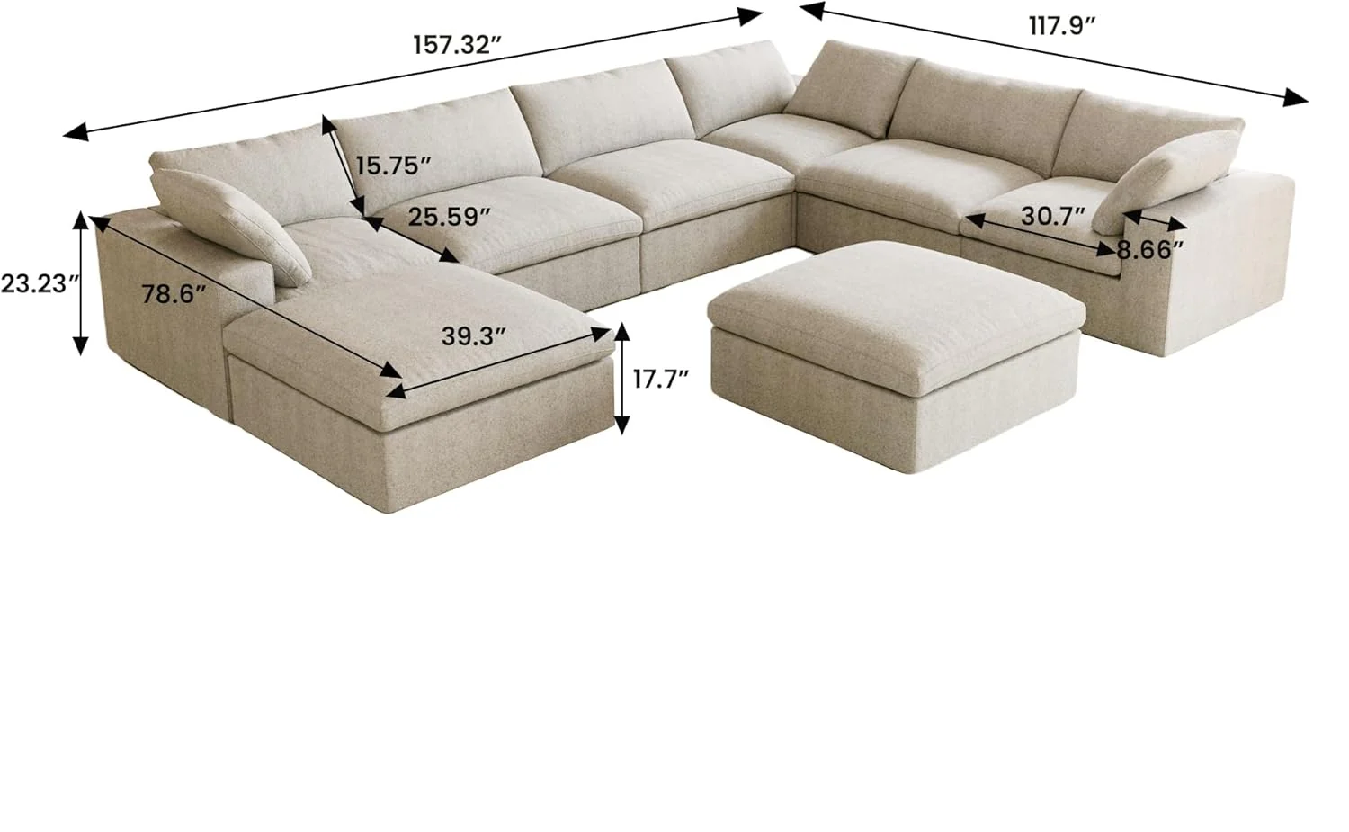 Nuvé® Solace Modular Bouclé Cloud Sofa - Khaki - 6-Seater Corner Sectional + 2 Ottomans - Image 8