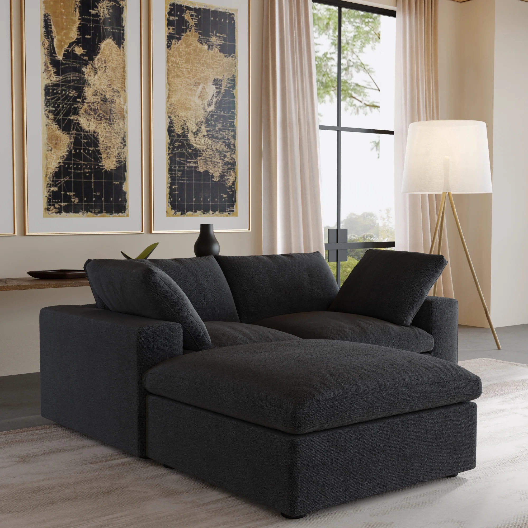 Nuvé® Solace Modular Bouclé Cloud Sofa - Obsidian Black - 2-Seater Sectional Sofa with Ottoman - Image 3
