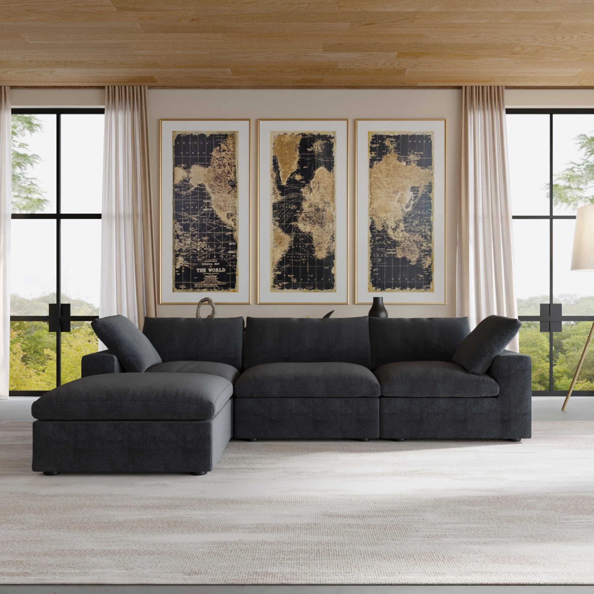 Nuvé® Solace Modular Bouclé Cloud Sofa - Obsidian Black - 3-Seater Sectional Sofa with Ottoman - Image 2