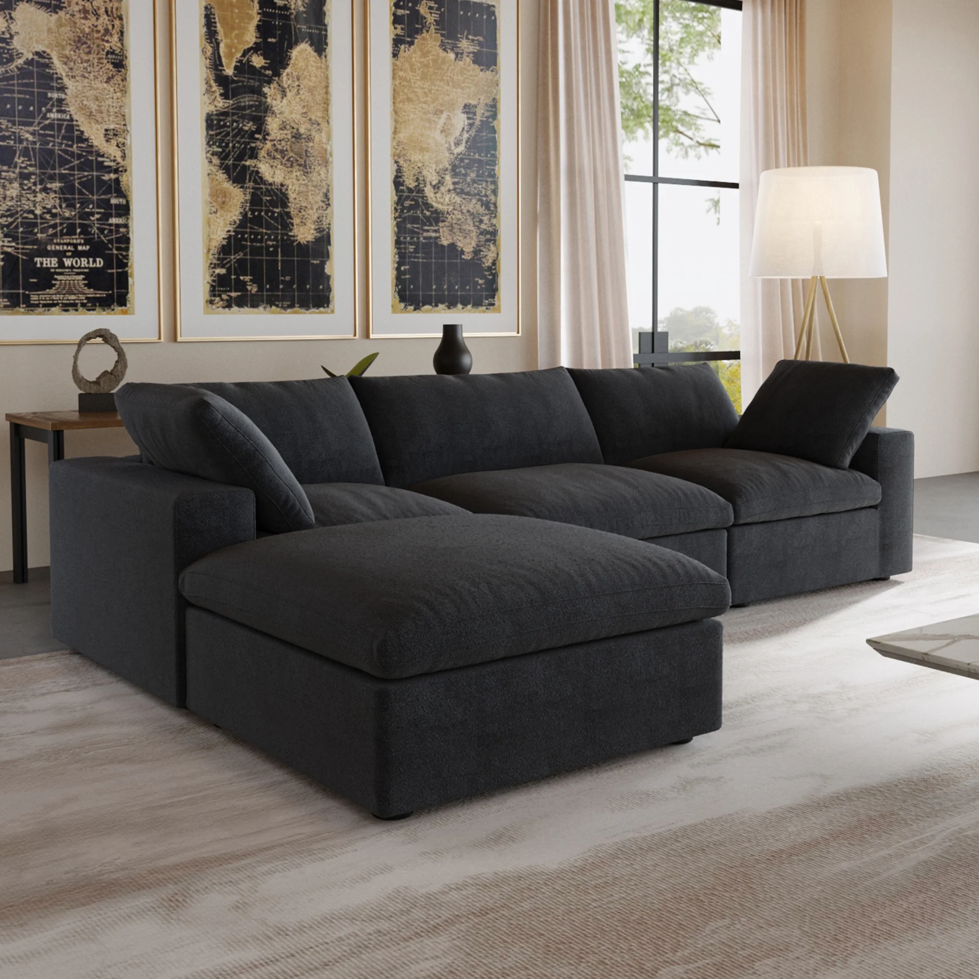 Nuvé® Solace Modular Bouclé Cloud Sofa - Obsidian Black - 3-Seater Sectional Sofa with Ottoman - Image 4