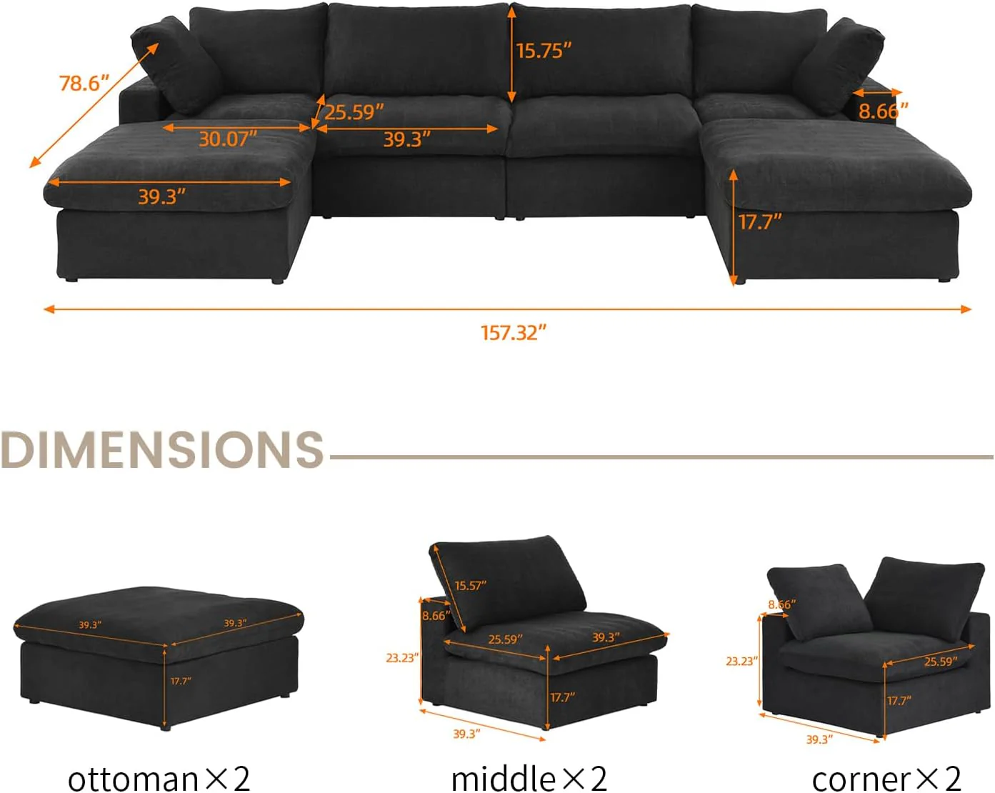Nuvé® Solace Modular Bouclé Cloud Sofa - Obsidian Black - 4-Seater Sectional Sofa with 2 Ottomans - Image 9