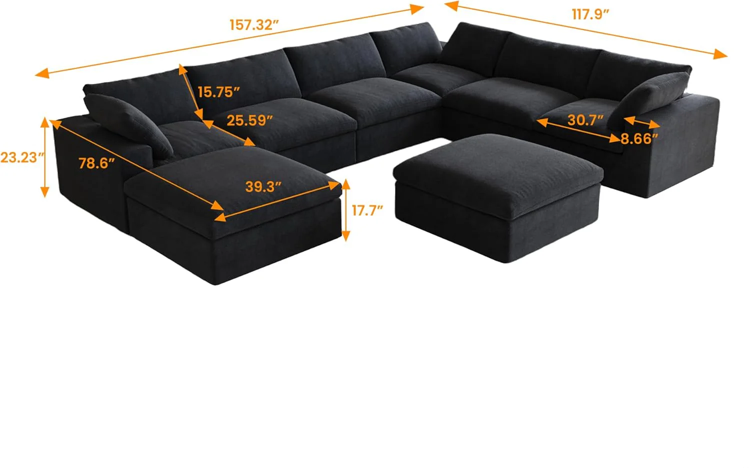 Nuvé® Solace Modular Bouclé Cloud Sofa - Obsidian Black - 6-Seater Corner Sectional + 2 Ottomans - Image 7