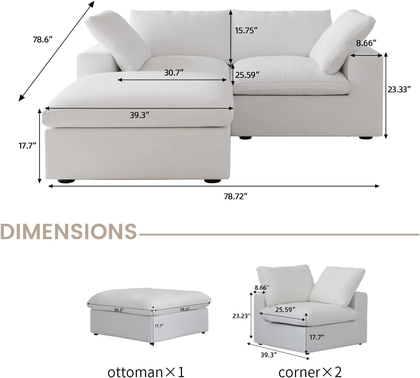 Nuvé® Solace Modular Bouclé Cloud Sofa - Snow White - 2-Seater Sectional Sofa with Ottoman - Image 8
