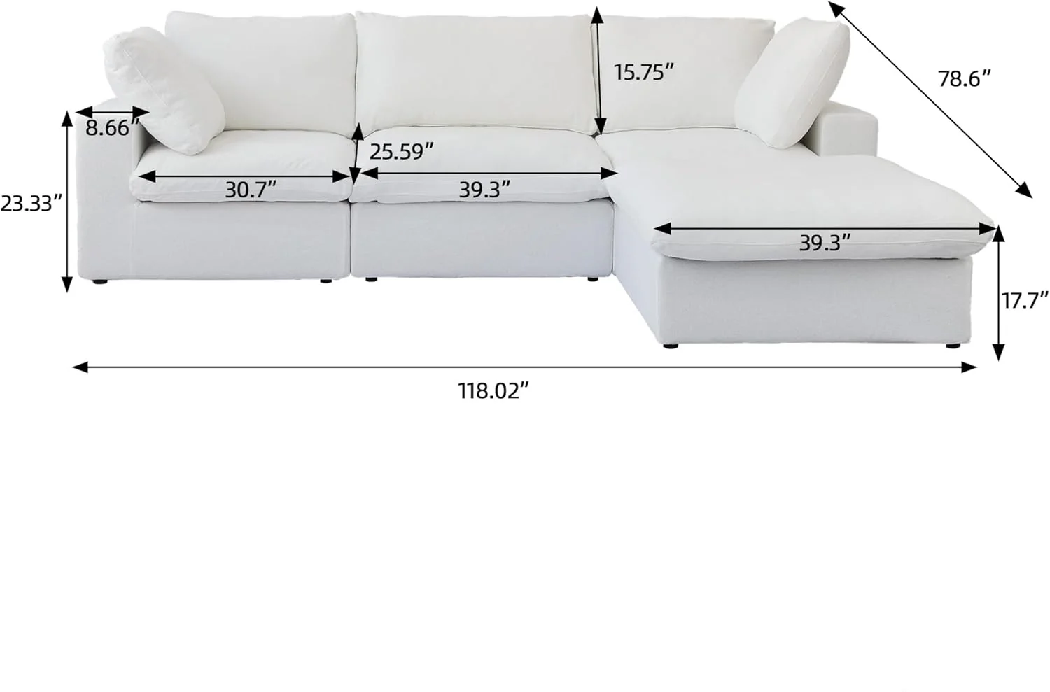 Nuvé® Solace Modular Bouclé Cloud Sofa - Snow White - 3-Seater Sectional Sofa with Ottoman - Image 8