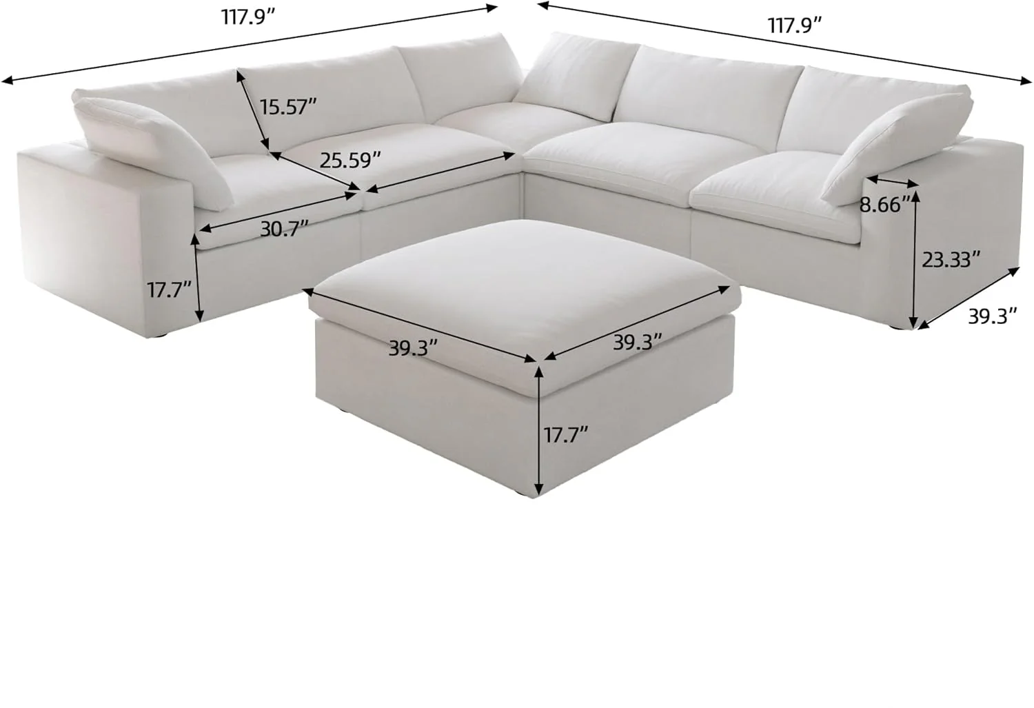 Nuvé® Solace Modular Bouclé Cloud Sofa - Snow White - 5-Seater Corner Sectional + Ottoman - Image 6